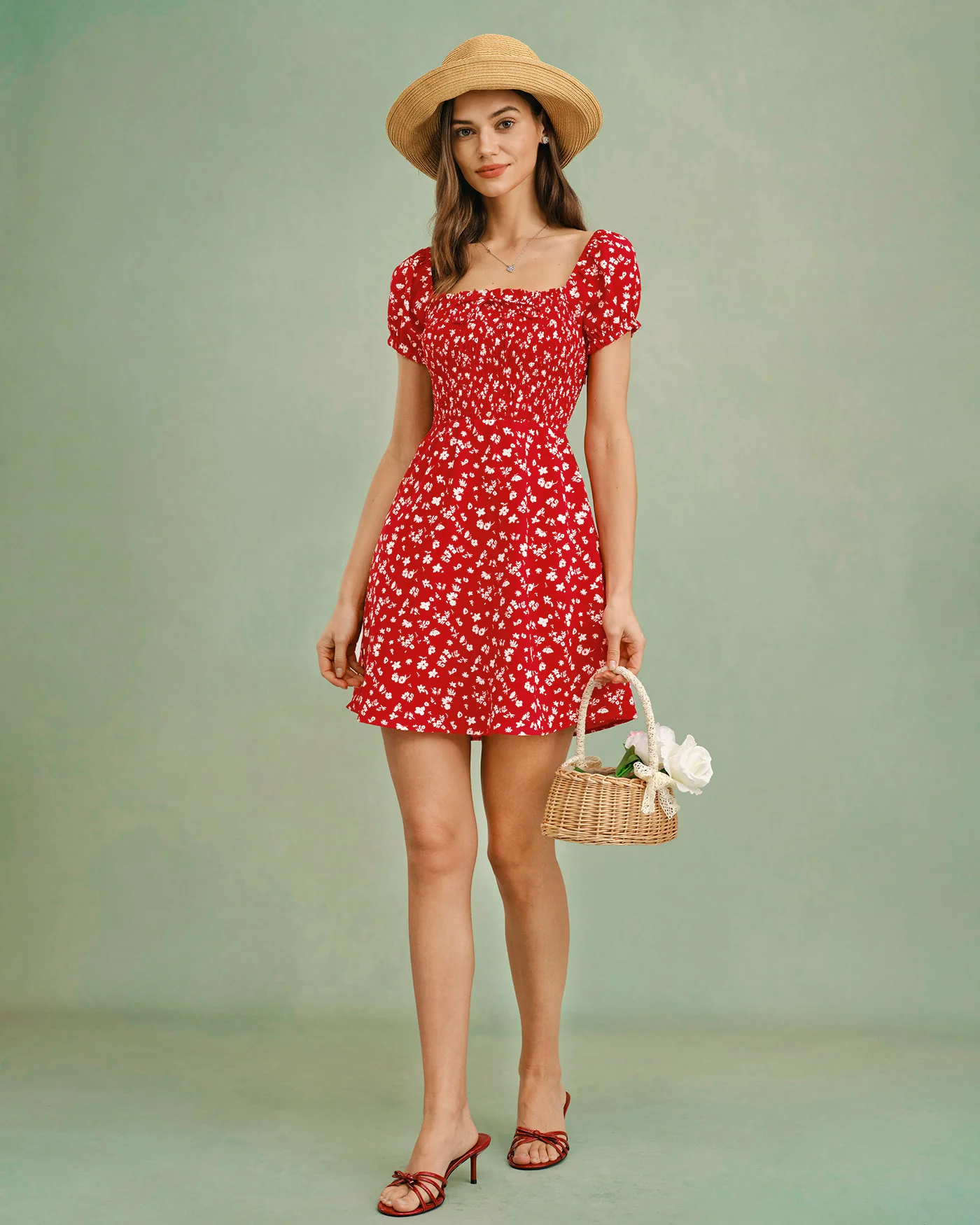 Red Square Neck Floral Mini Dress - Image 4