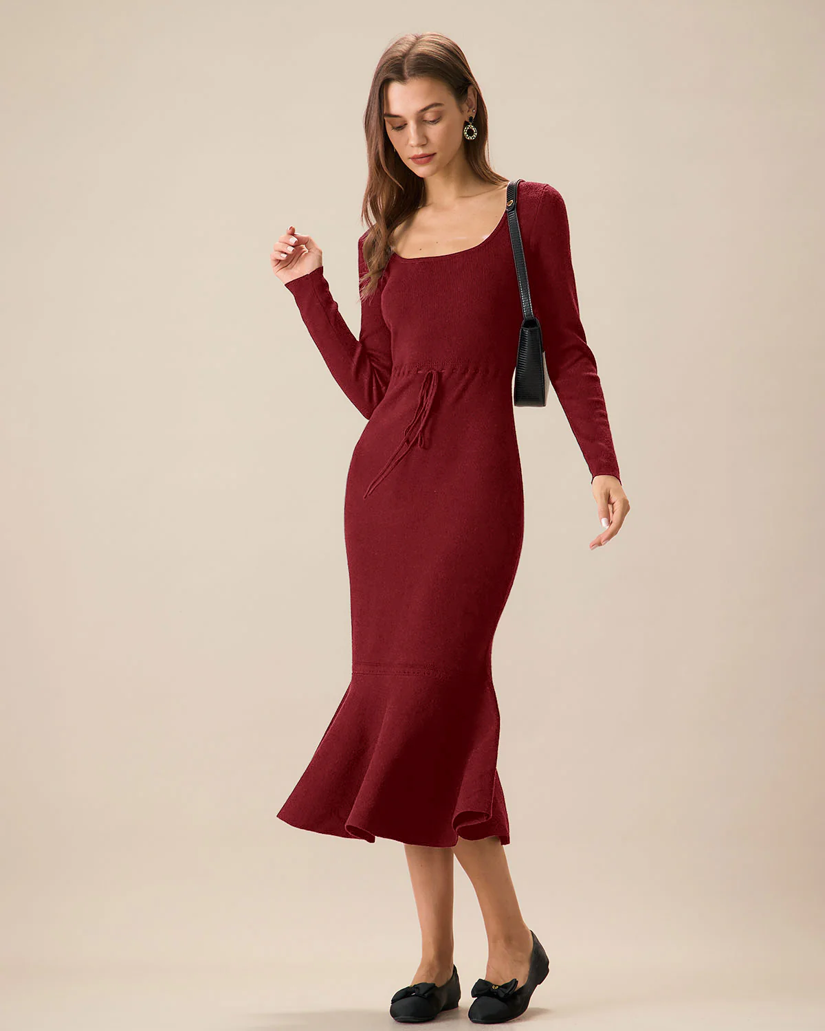 Red Square Neck Mermaid Sweater Dress - Image 3