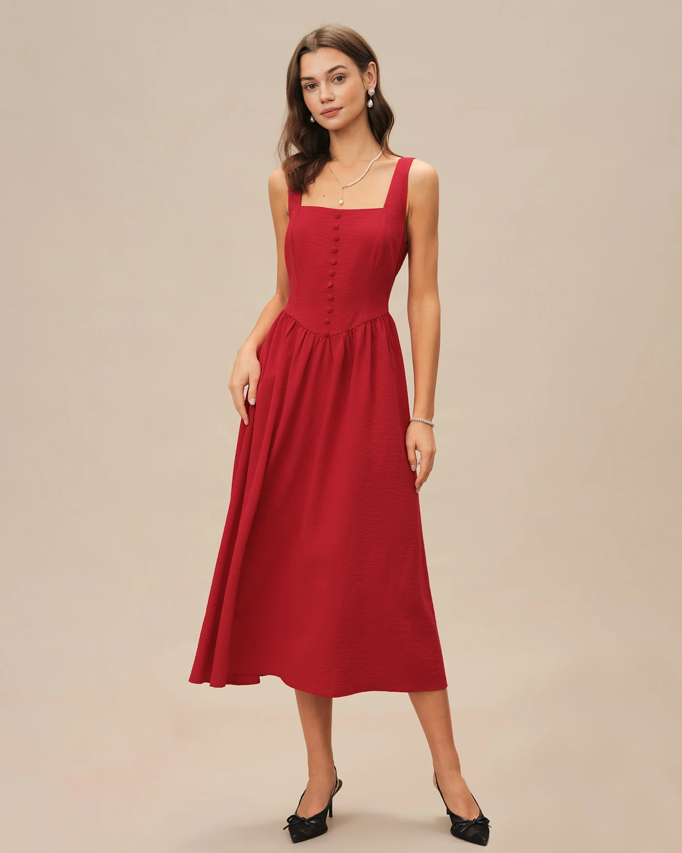 Red Square Neck Midi Dress - Image 6