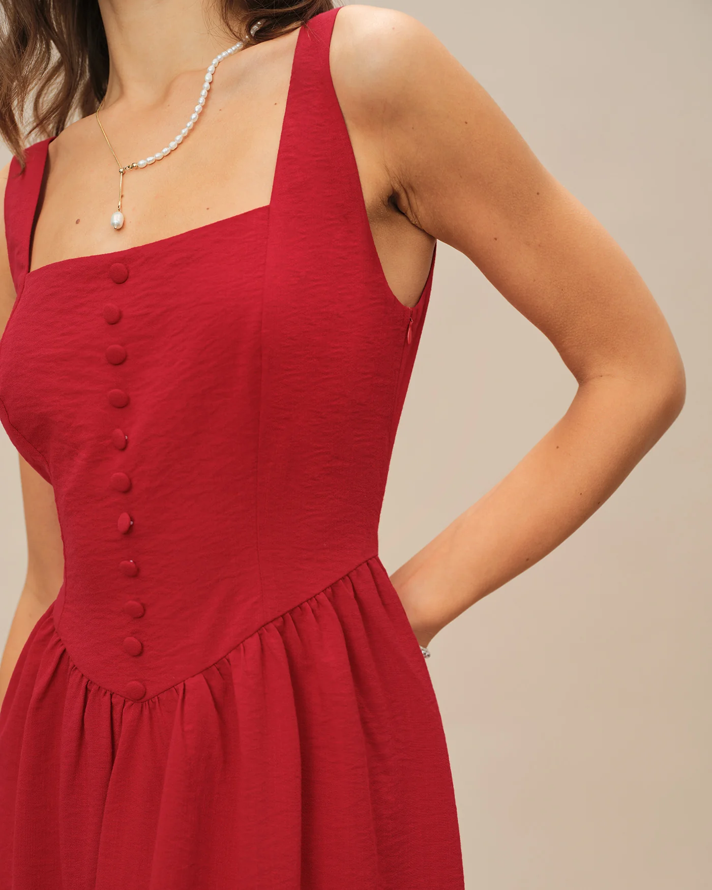Red Square Neck Midi Dress - Image 7