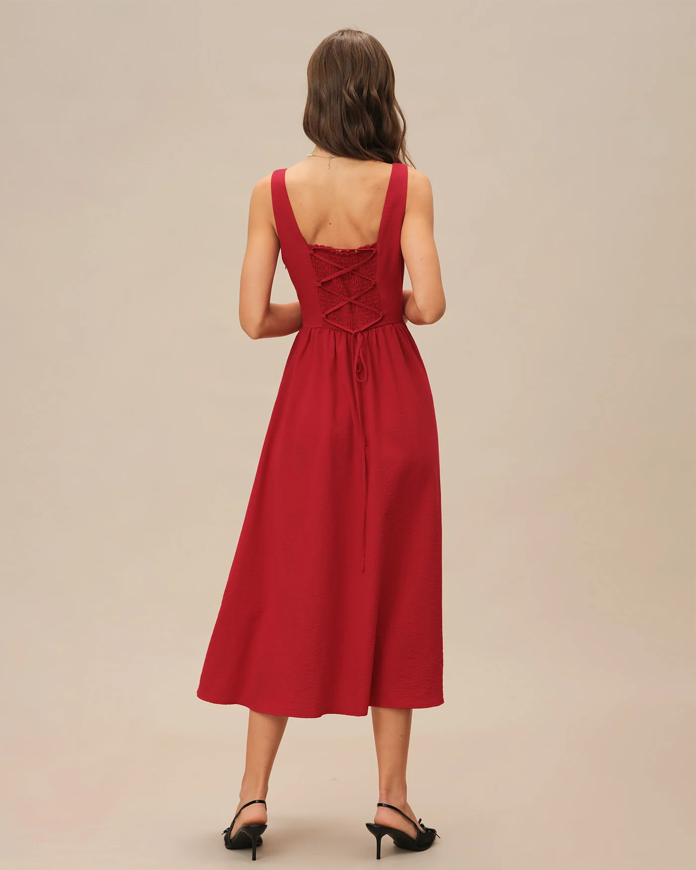 Red Square Neck Midi Dress - Image 8