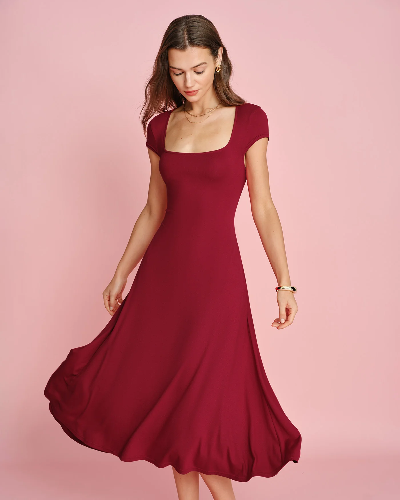 Red Square Neck Pocket Midi Dress - Image 4