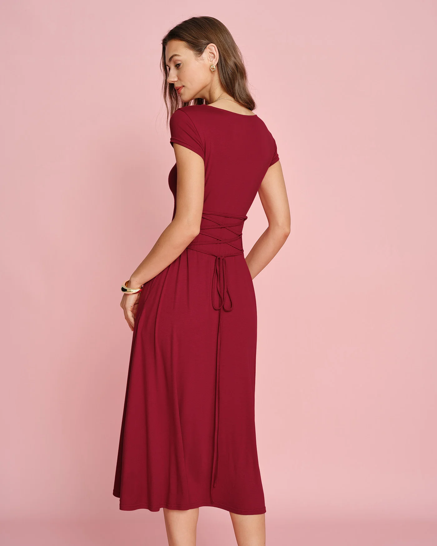 Red Square Neck Pocket Midi Dress - Image 5