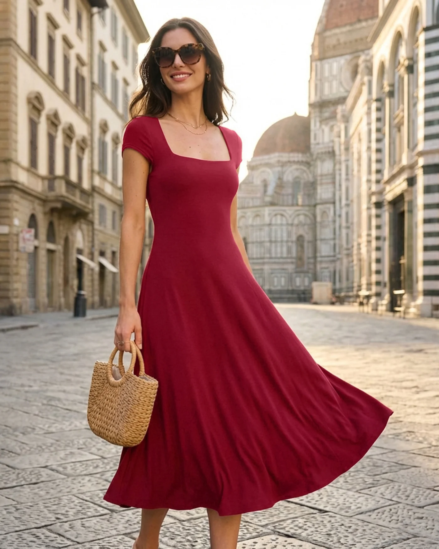 Red Square Neck Pocket Midi Dress - Image 6