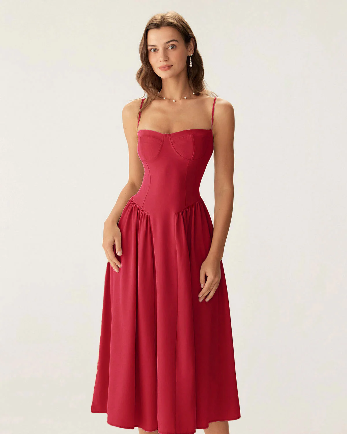 Red Square Neck Pocket Slip Midi Dress - Image 3
