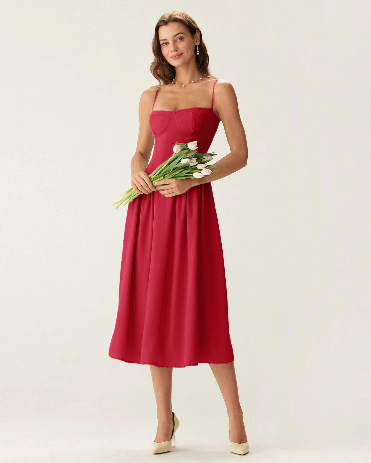 Red Square Neck Pocket Slip Midi Dress - Image 4