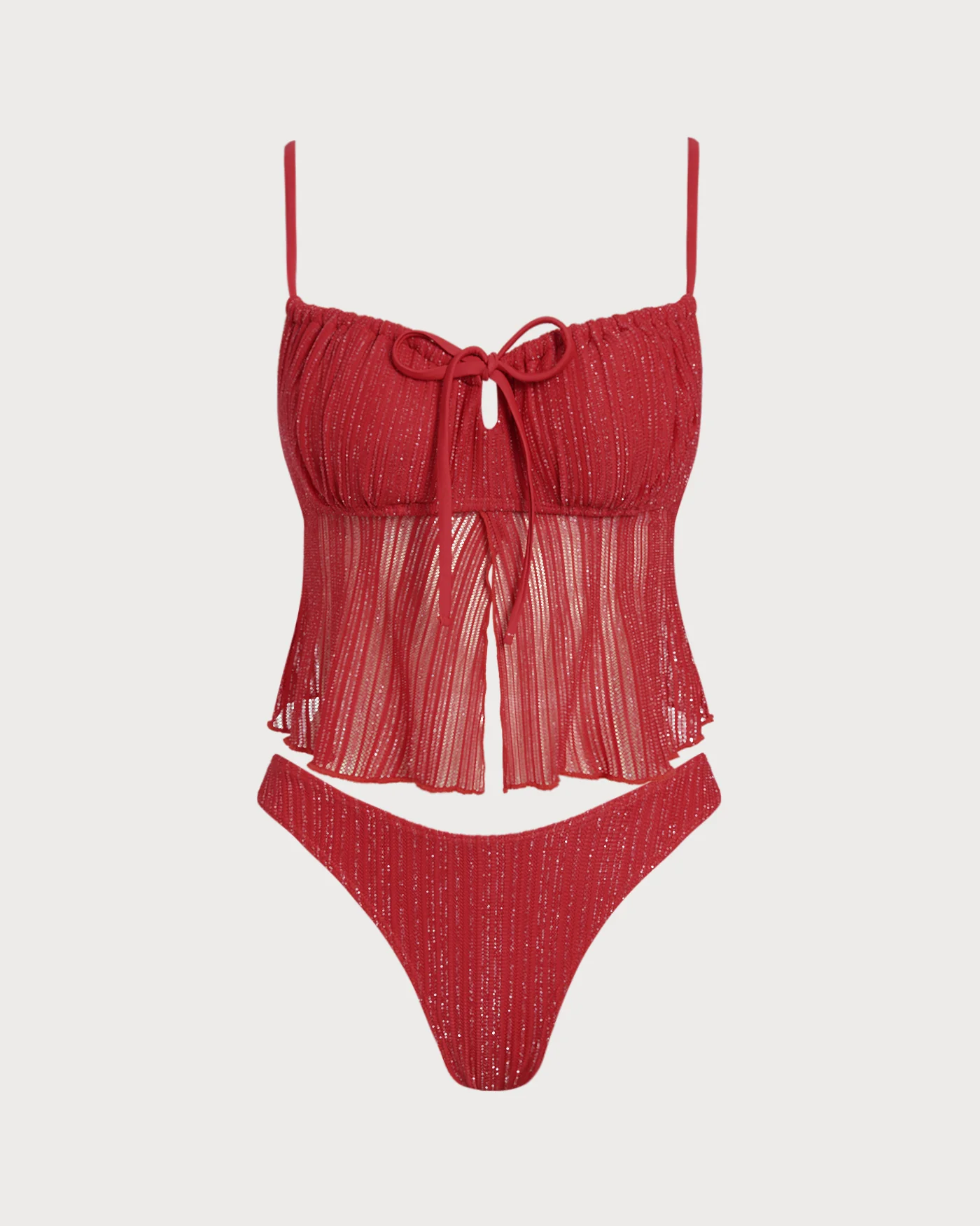 Red Square Neck Sequins Tankini Set - Image 2