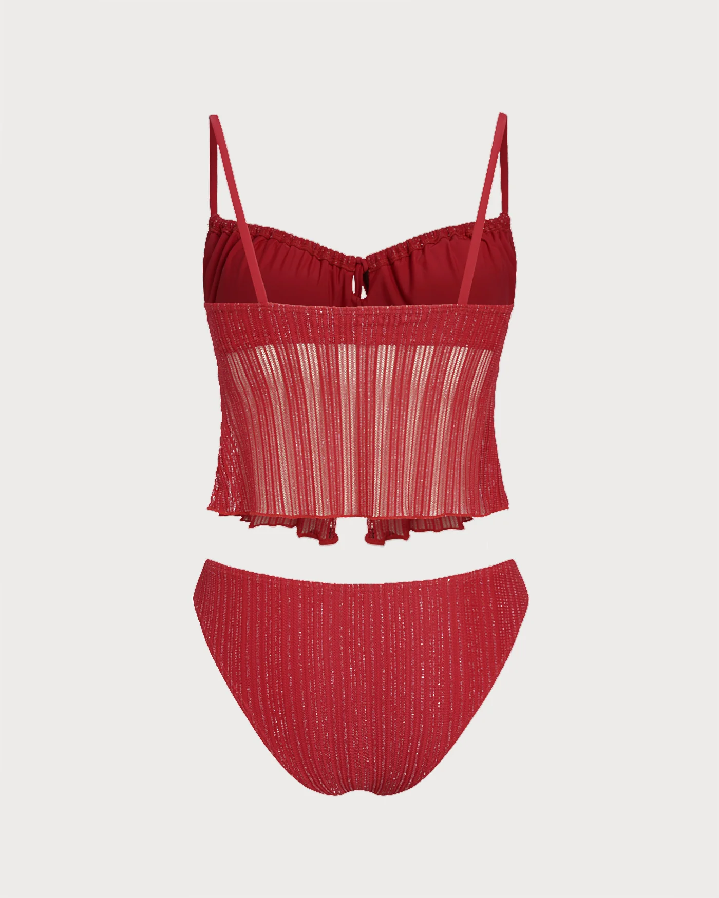 Red Square Neck Sequins Tankini Set - Image 8