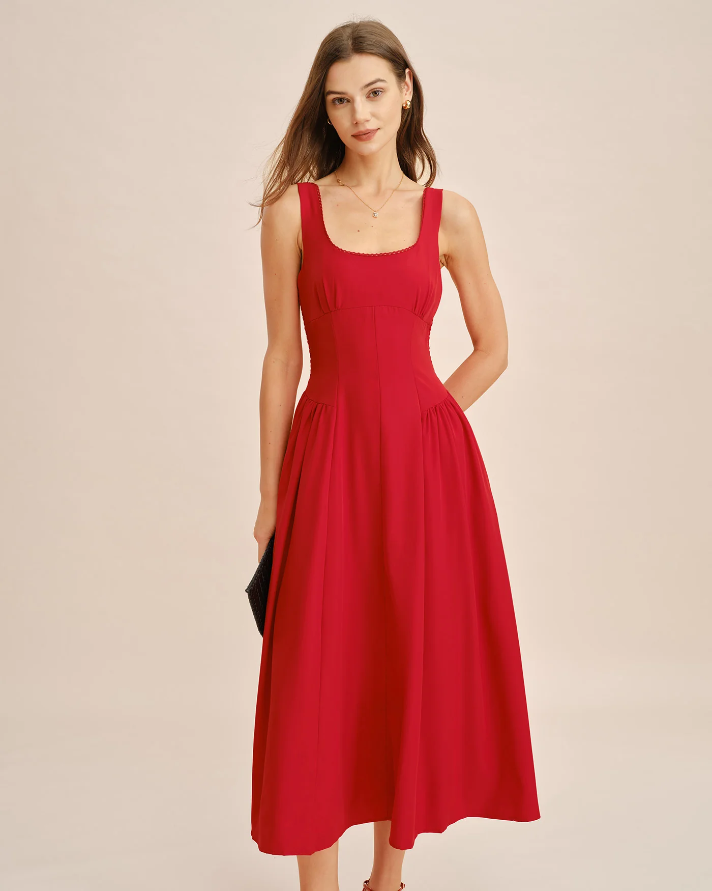Red Square Neck Sleeveless Midi Dress - Image 3