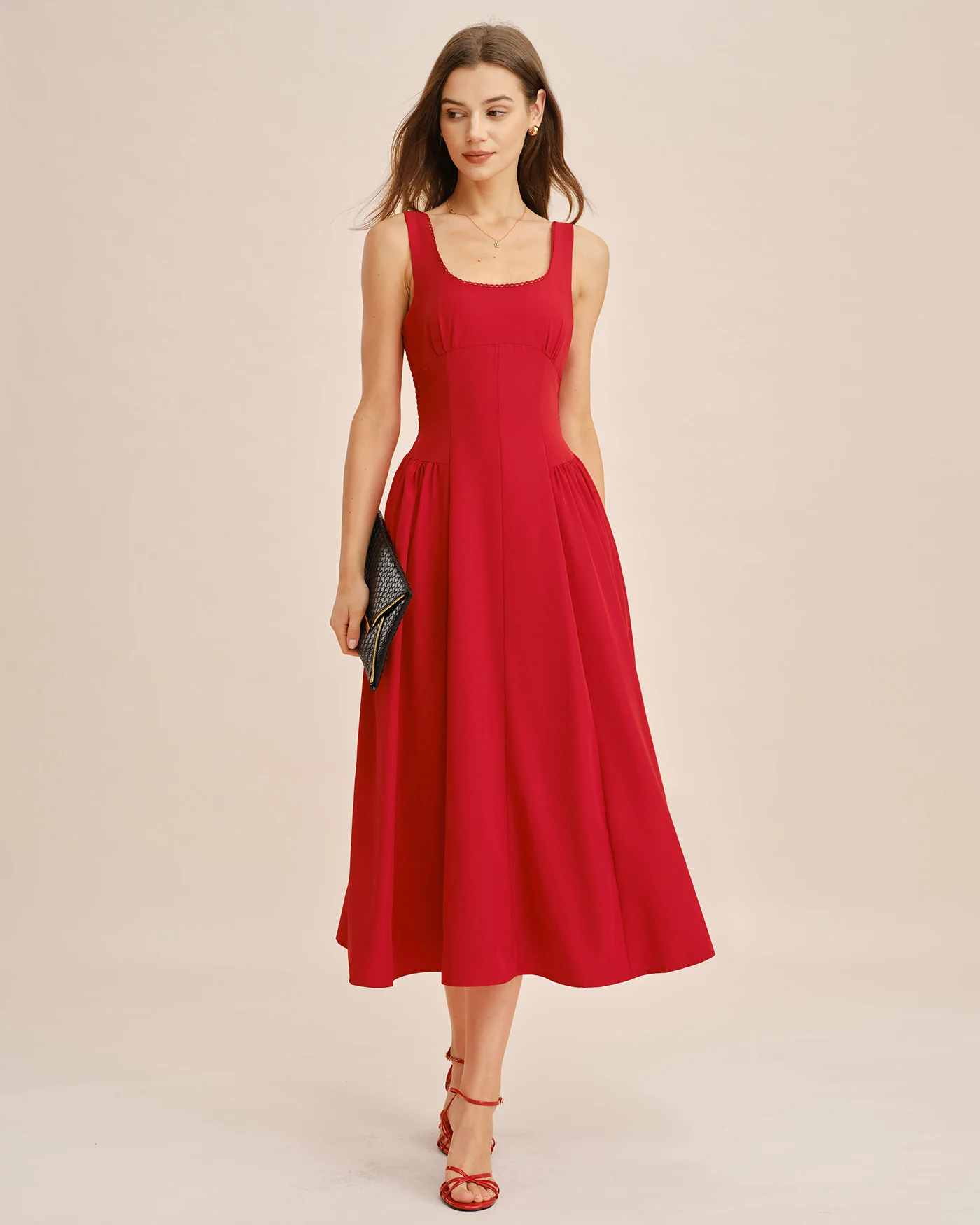Red Square Neck Sleeveless Midi Dress - Image 4