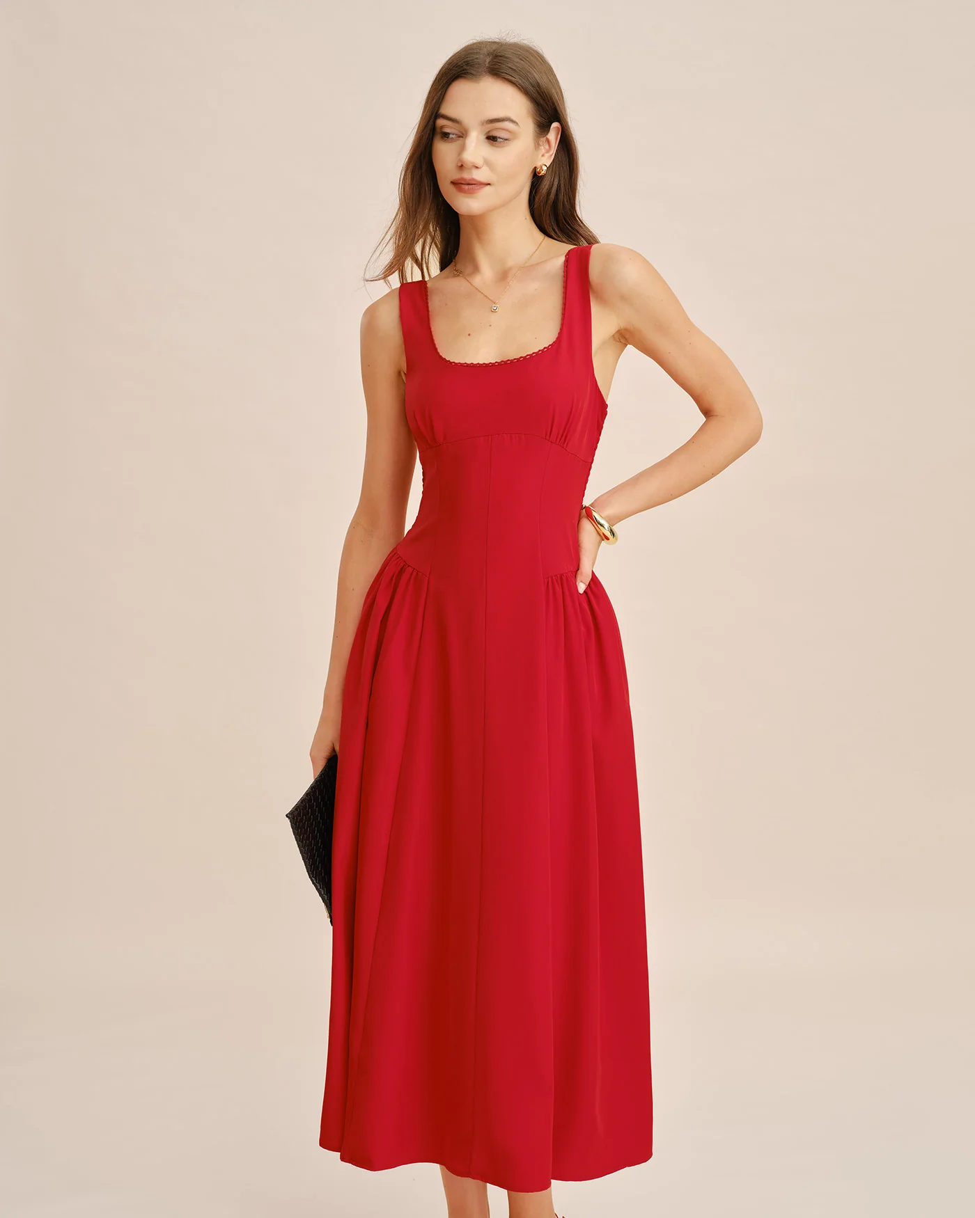 Red Square Neck Sleeveless Midi Dress - Image 5
