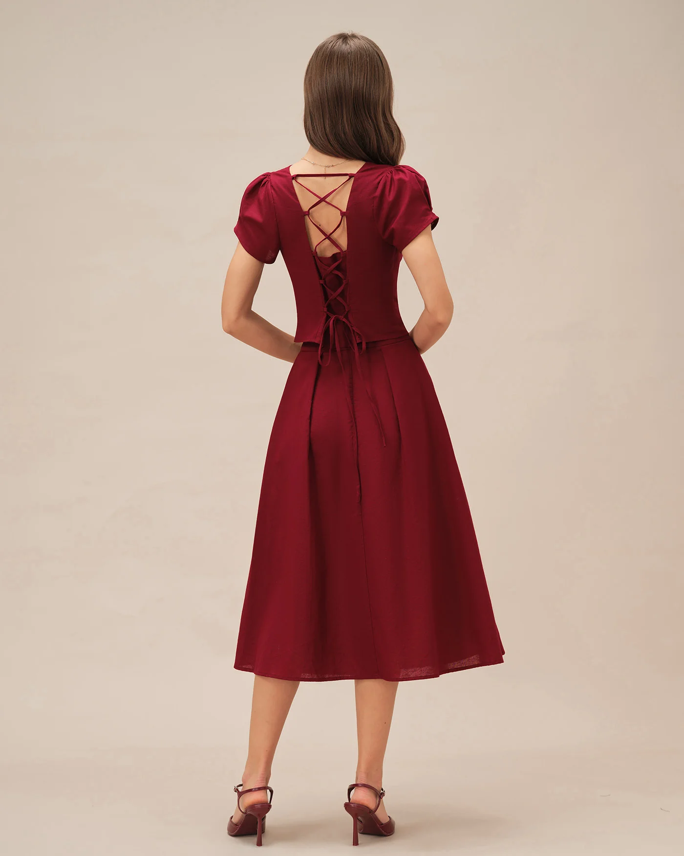 Red Square Neck X Cross Tie Blouse - Image 4