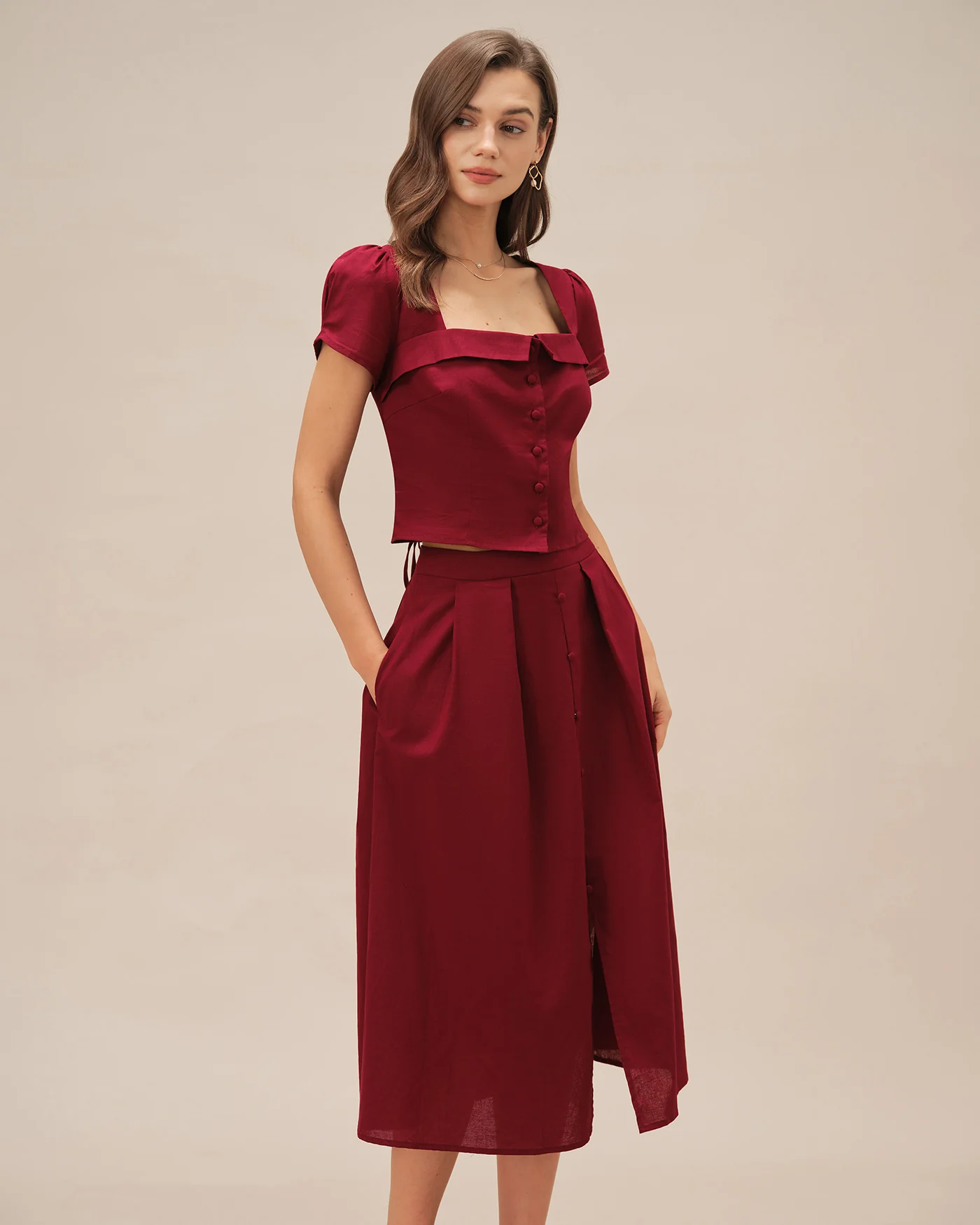 Red Square Neck X Cross Tie Blouse - Image 5