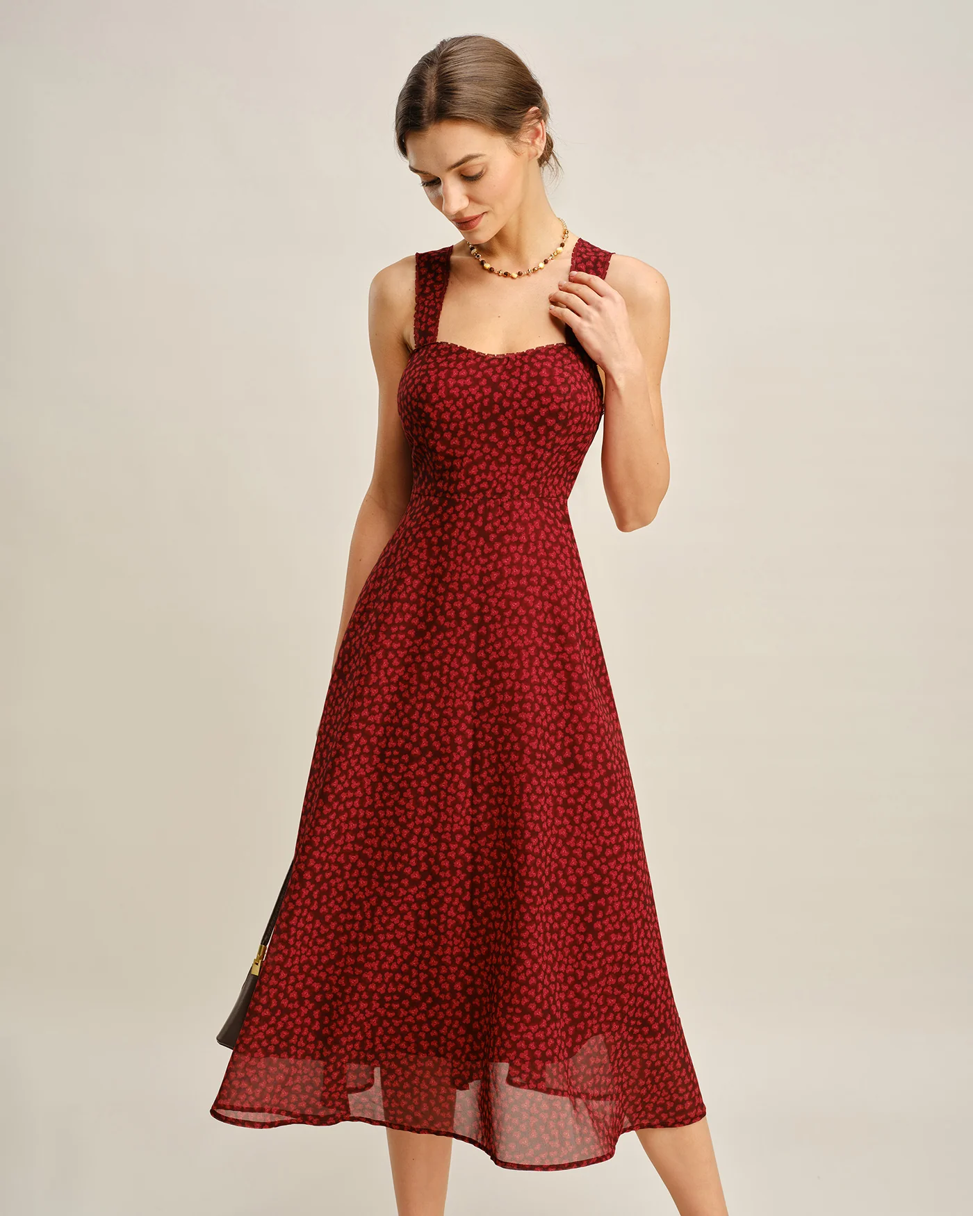 Red Sweetheart Neck Floral Midi Dress - Image 3