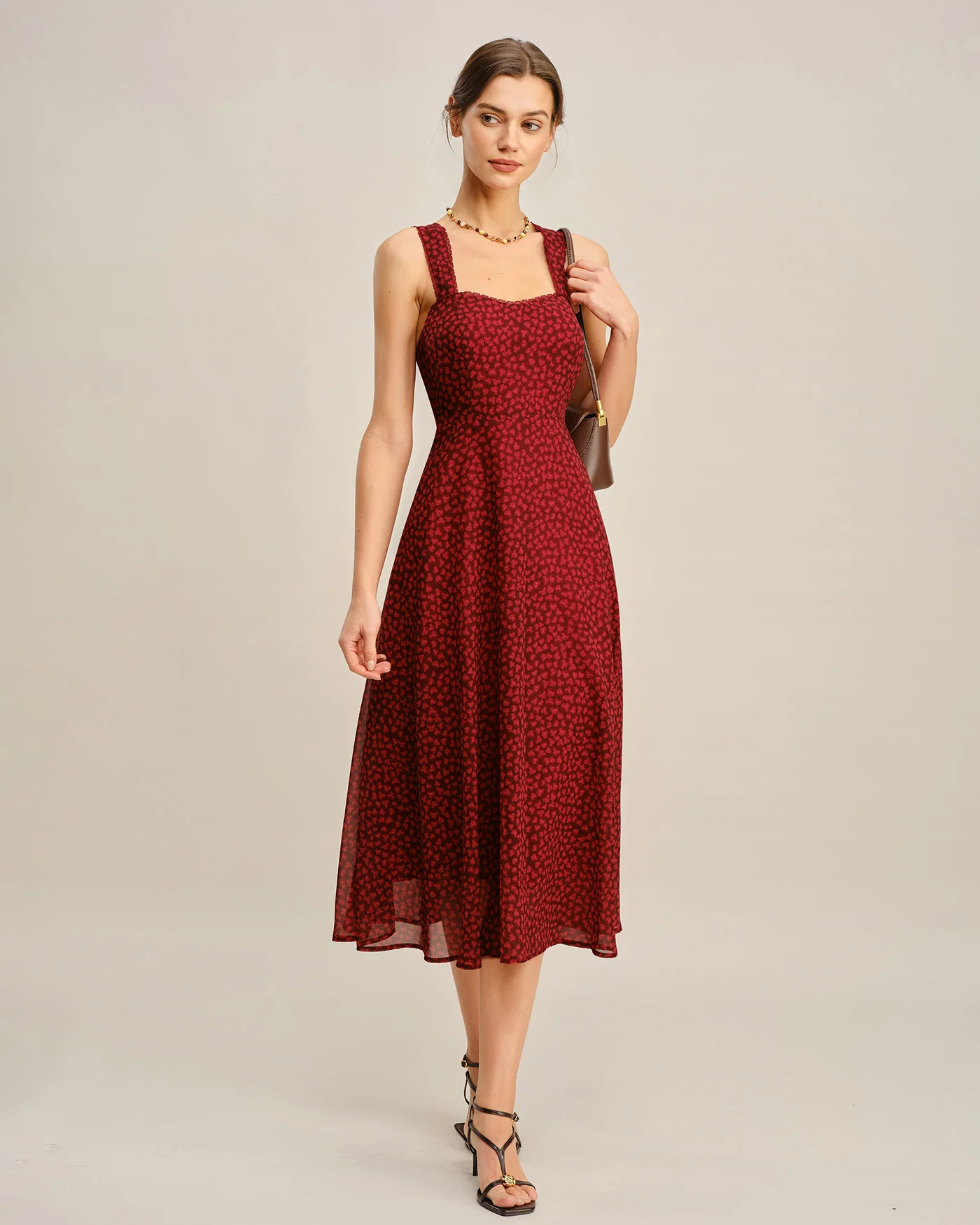 Red Sweetheart Neck Floral Midi Dress - Image 4