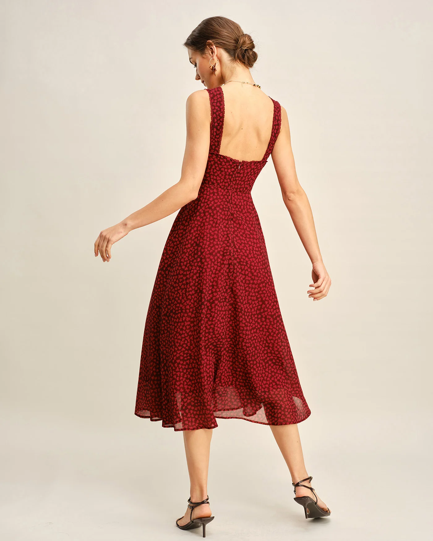 Red Sweetheart Neck Floral Midi Dress - Image 5