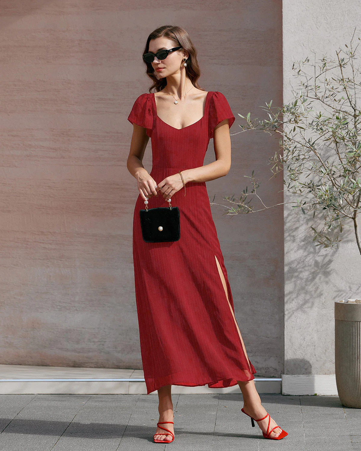Red Sweetheart Neck Jacquard Maxi Dress - Image 2