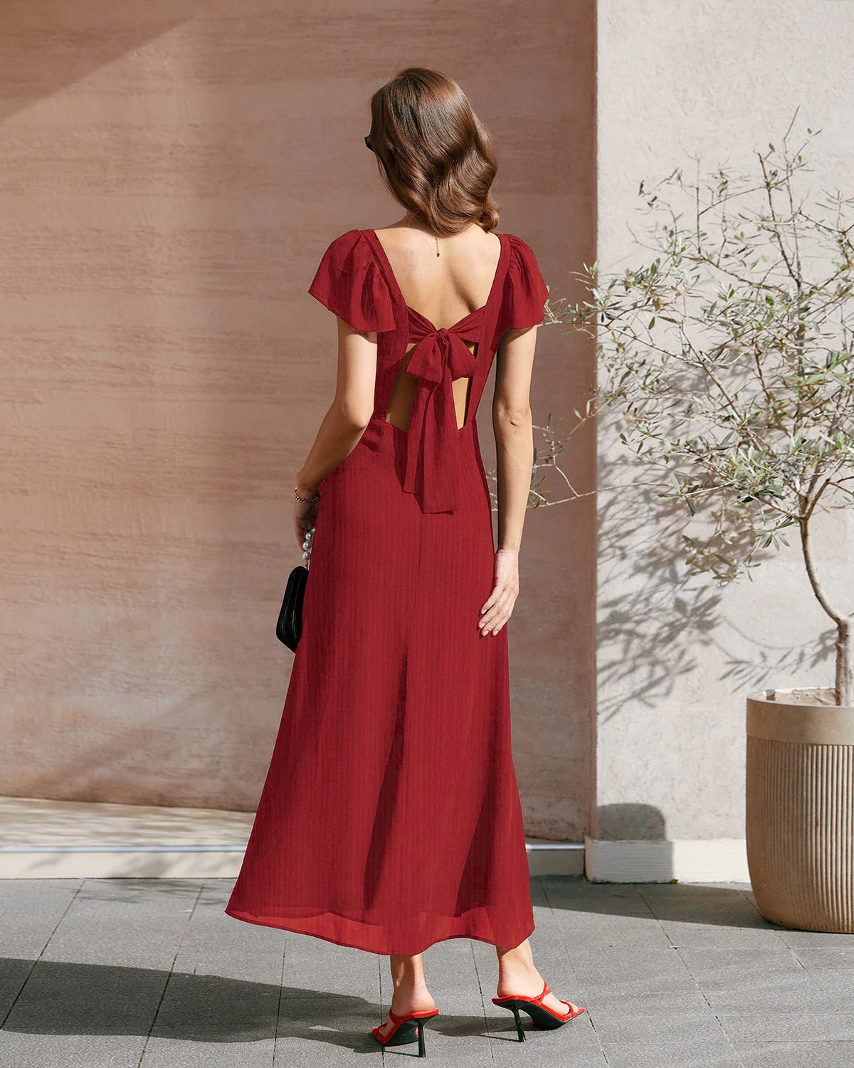 Red Sweetheart Neck Jacquard Maxi Dress - Image 3