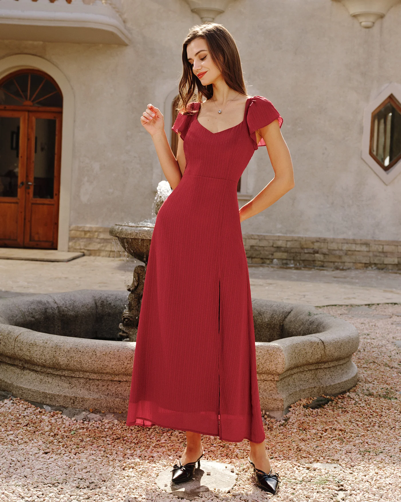 Red Sweetheart Neck Jacquard Maxi Dress - Image 6