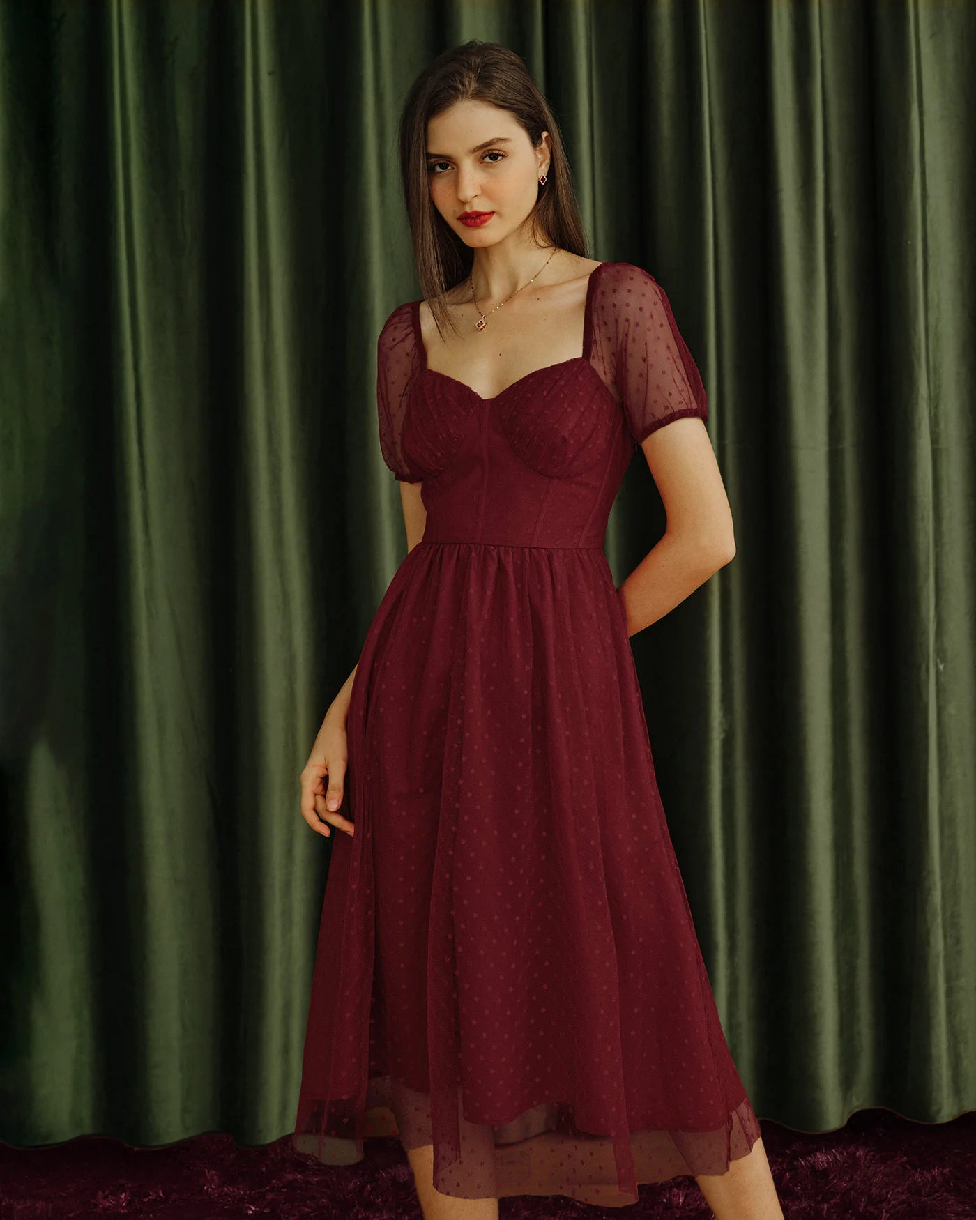 Red Sweetheart Neck Polka Dot Midi Dress - Image 2
