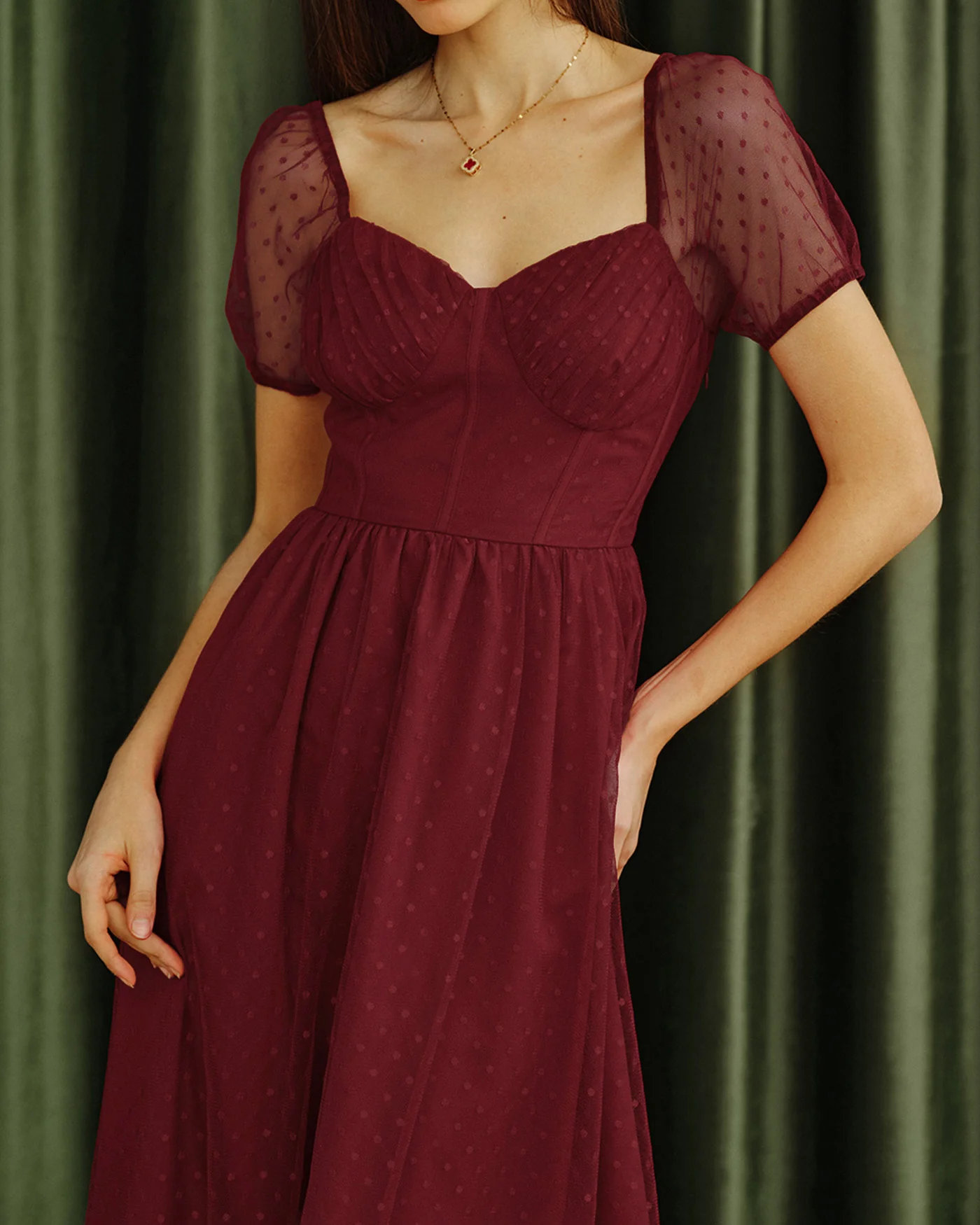 Red Sweetheart Neck Polka Dot Midi Dress - Image 3