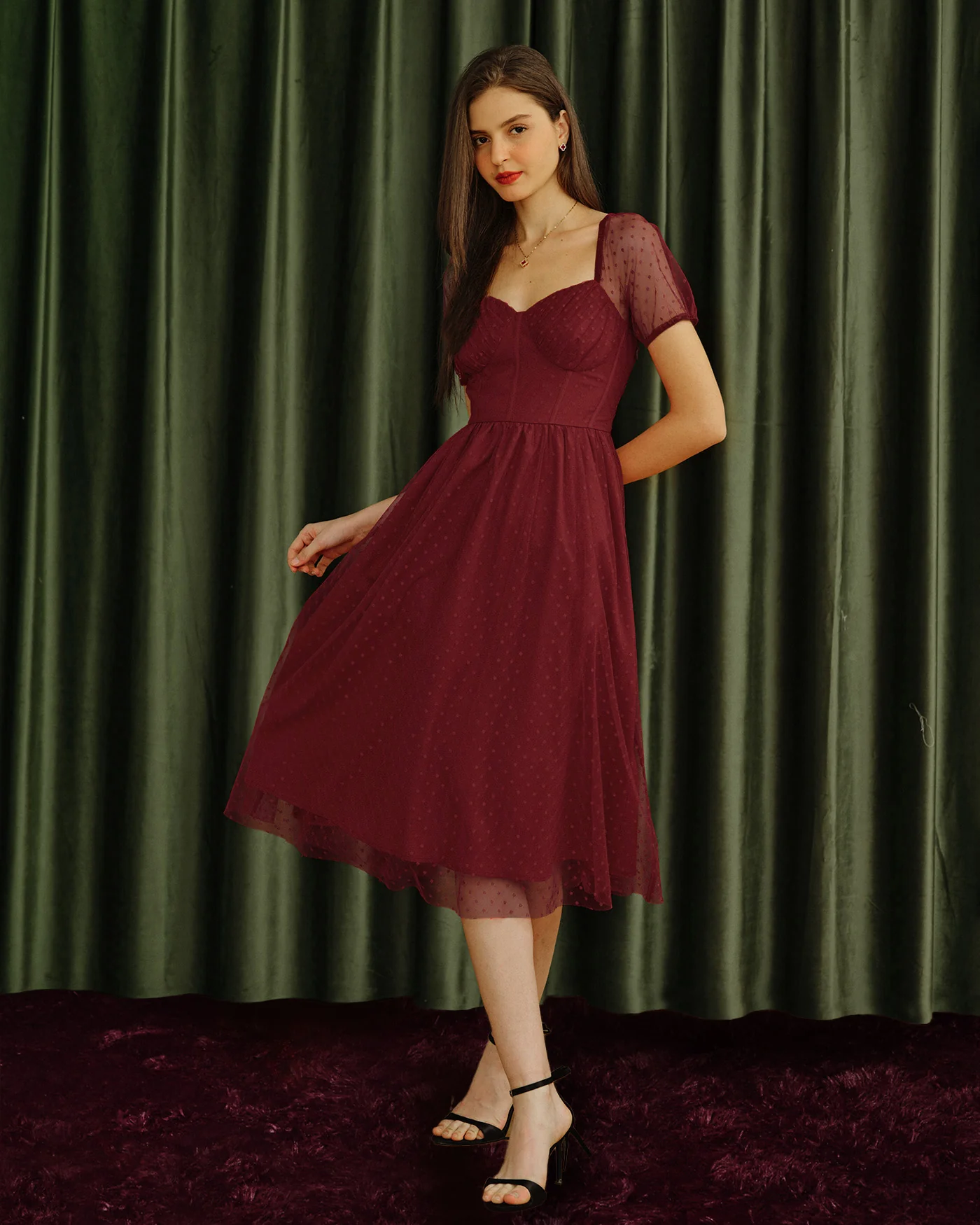 Red Sweetheart Neck Polka Dot Midi Dress - Image 4