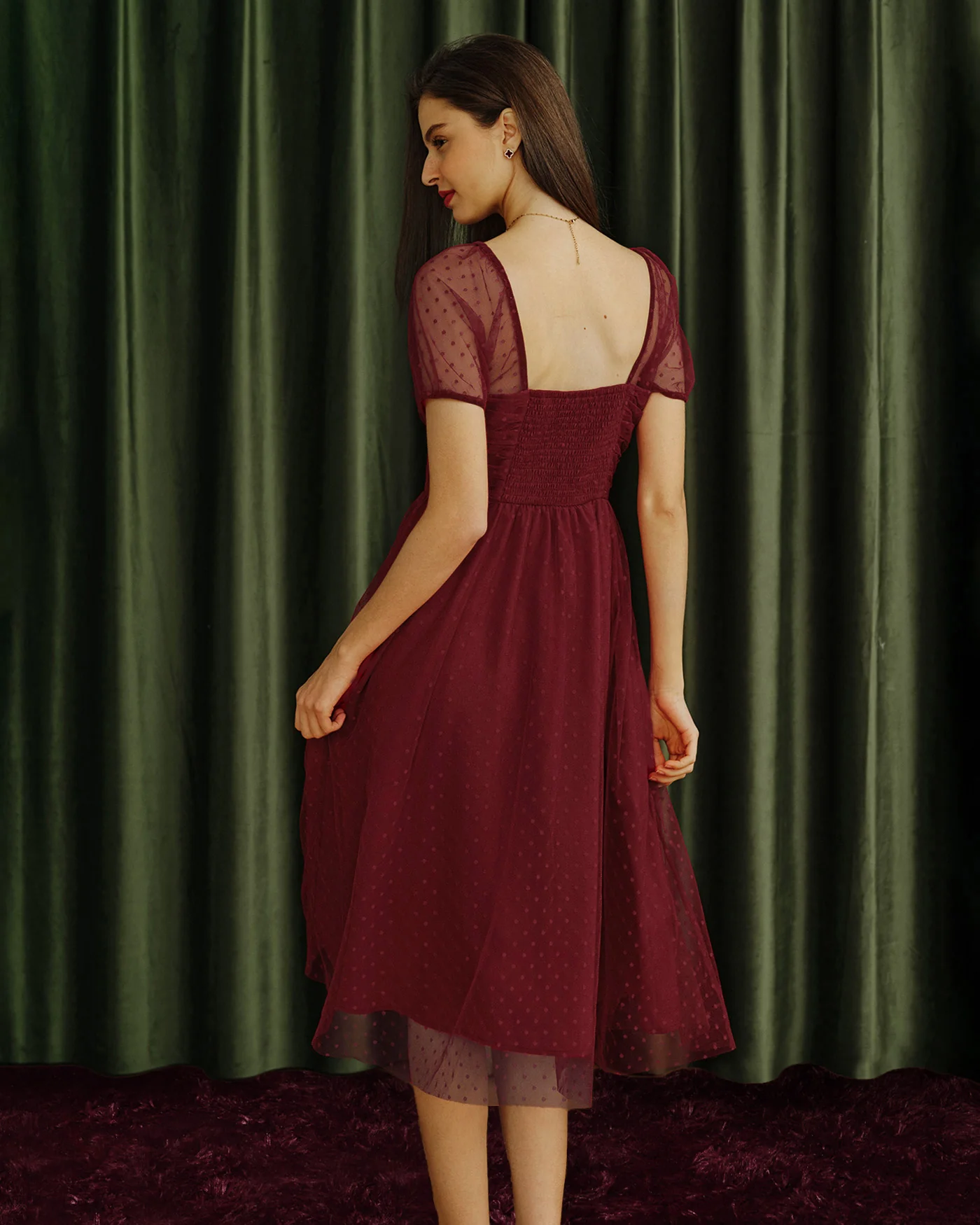 Red Sweetheart Neck Polka Dot Midi Dress - Image 5