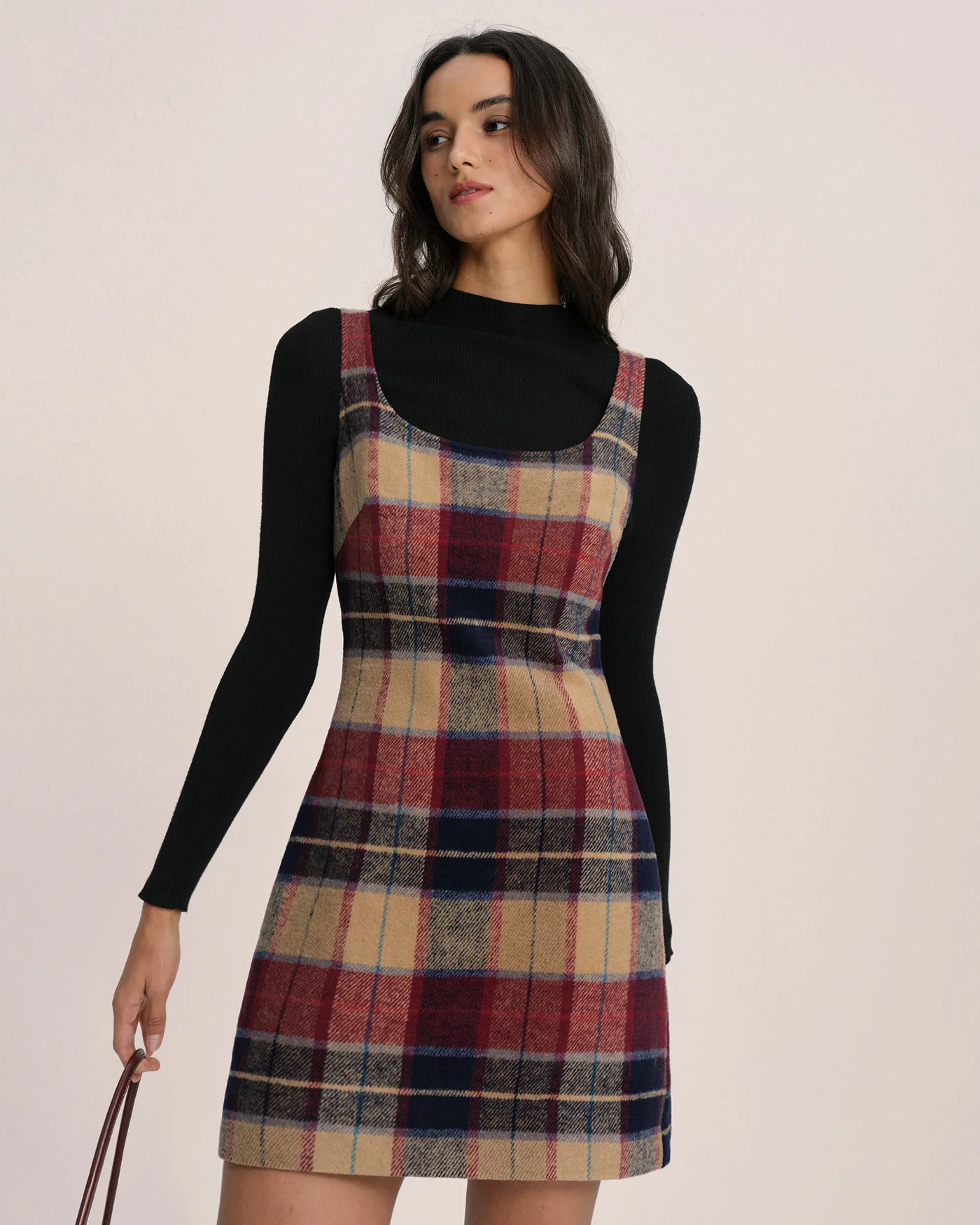 Red U Neck Plaid Mini Dress - Image 2
