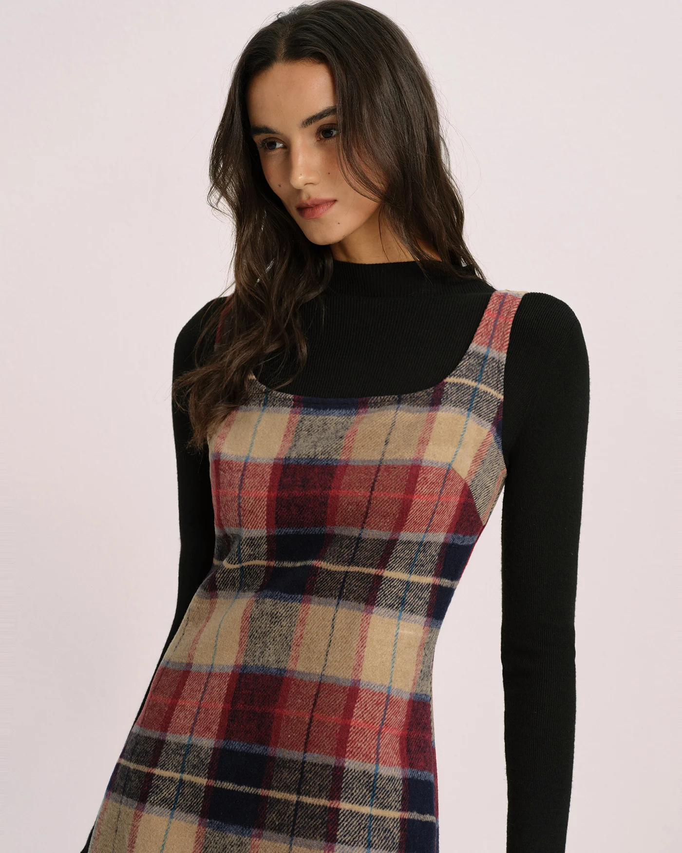 Red U Neck Plaid Mini Dress - Image 3