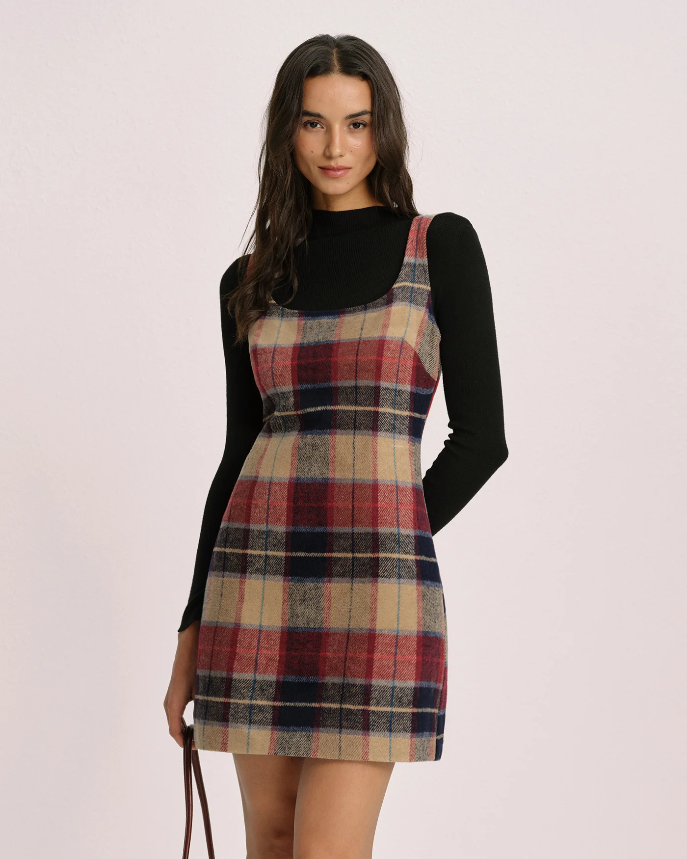 Red U Neck Plaid Mini Dress - Image 4