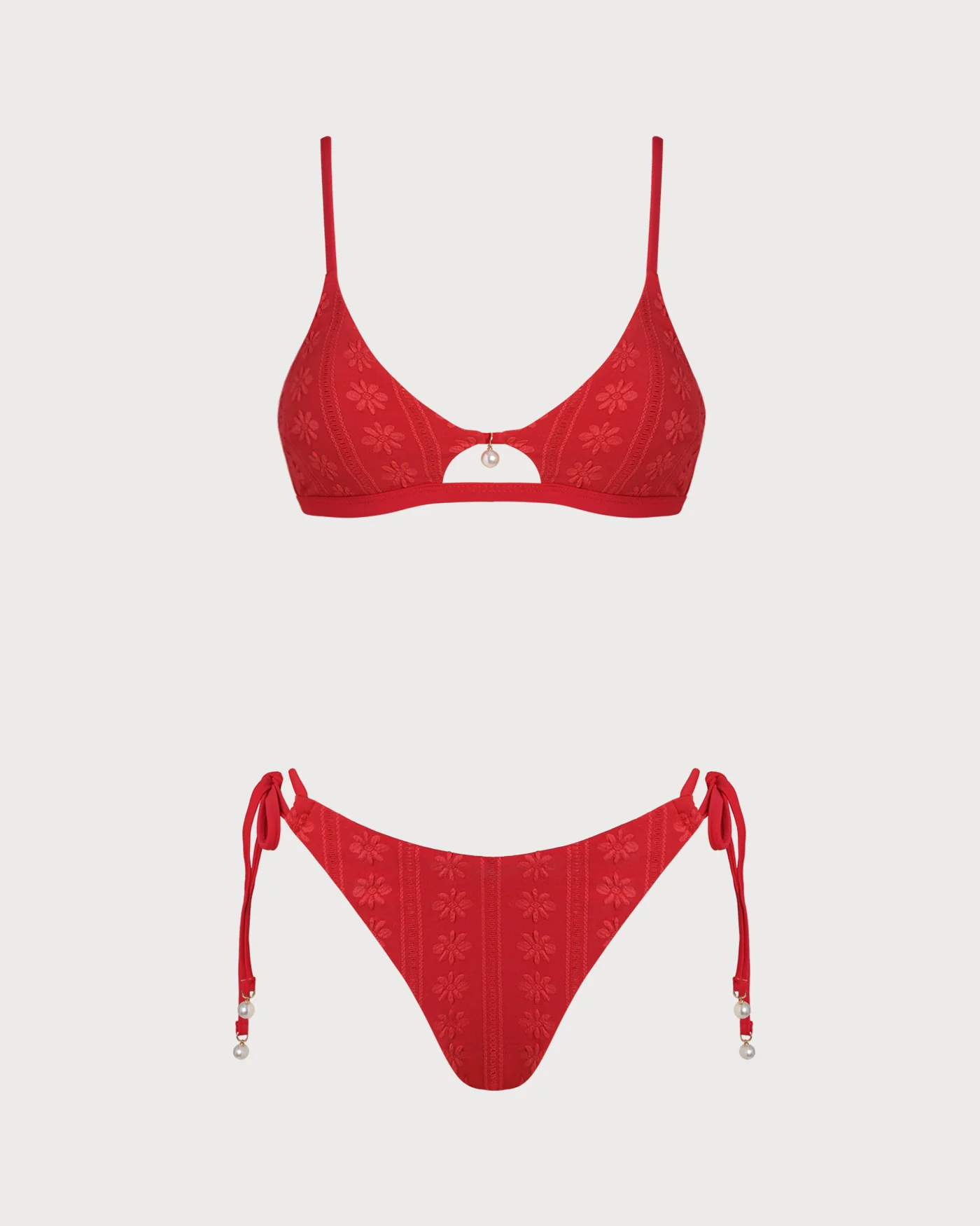 Red U Neck Textured Bikini Set - Image 2
