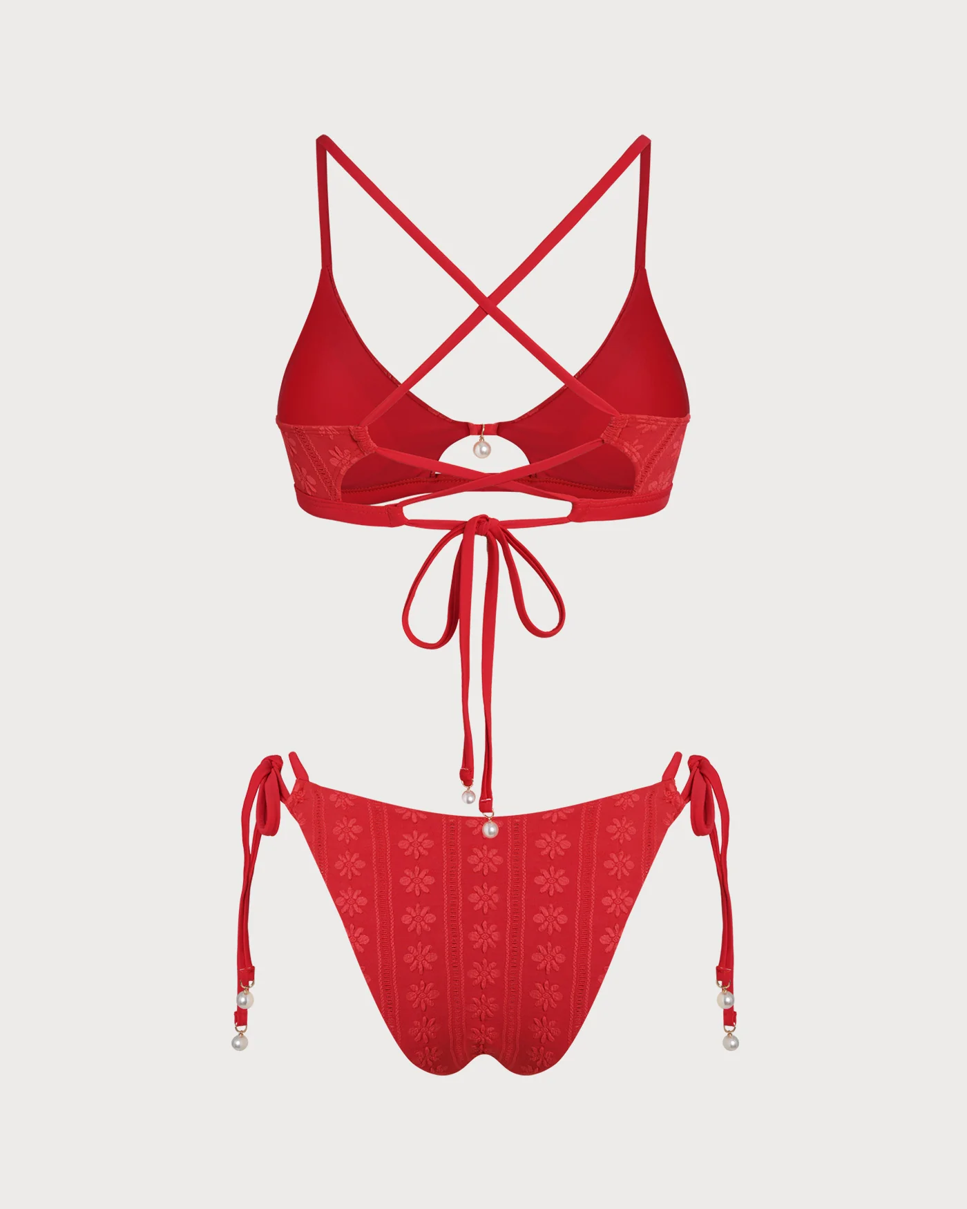Red U Neck Textured Bikini Set - Image 3