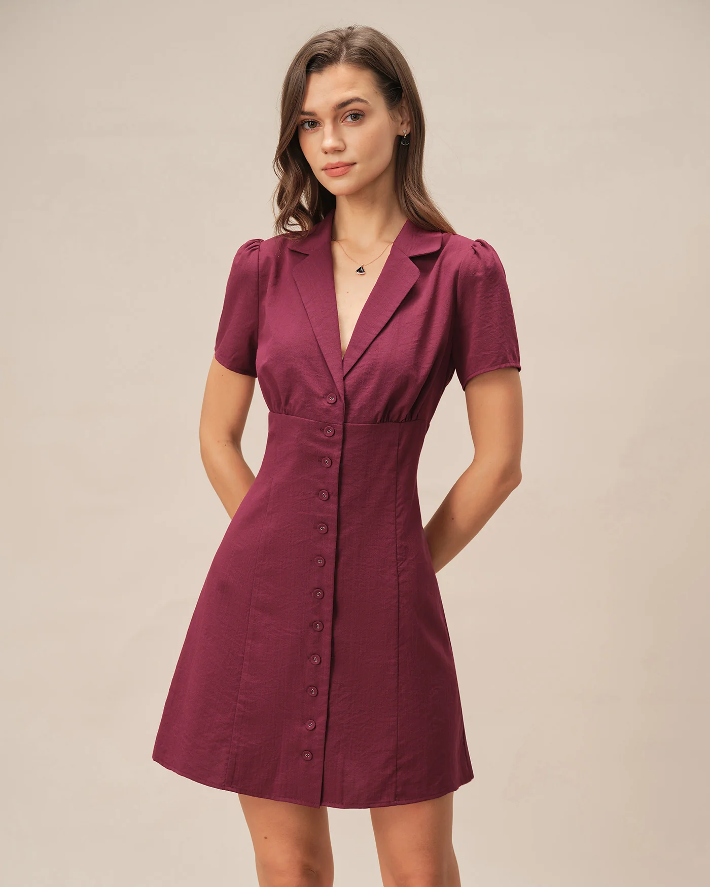 Red V Neck Button Mini Dress - Image 2