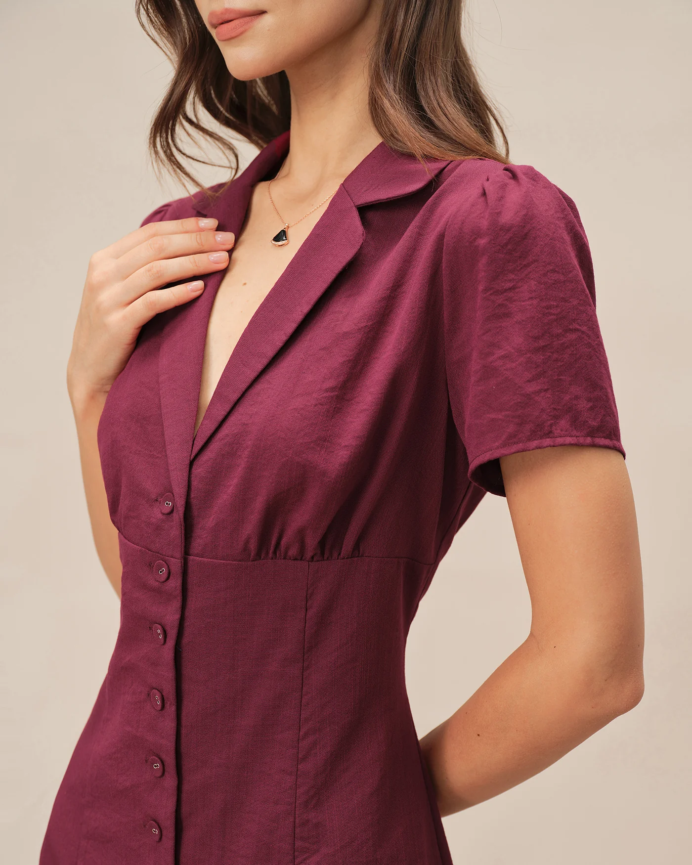 Red V Neck Button Mini Dress - Image 3