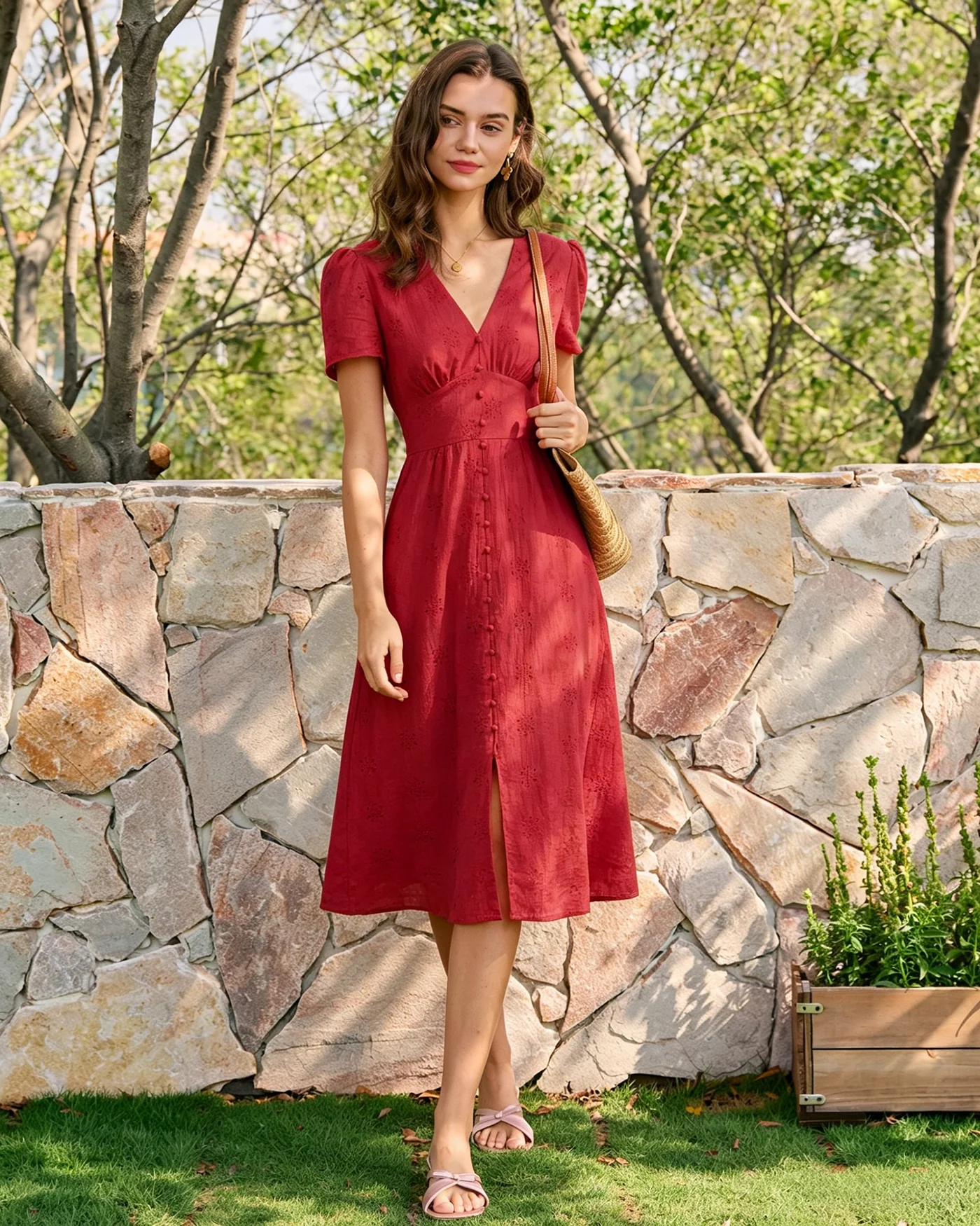 Red V Neck Embroidery Midi Dress - Image 3