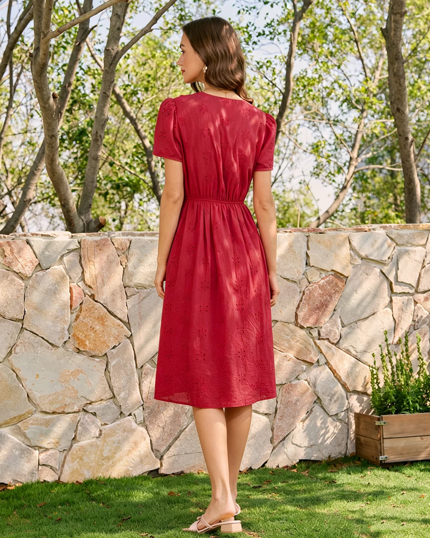 Red V Neck Embroidery Midi Dress - Image 6