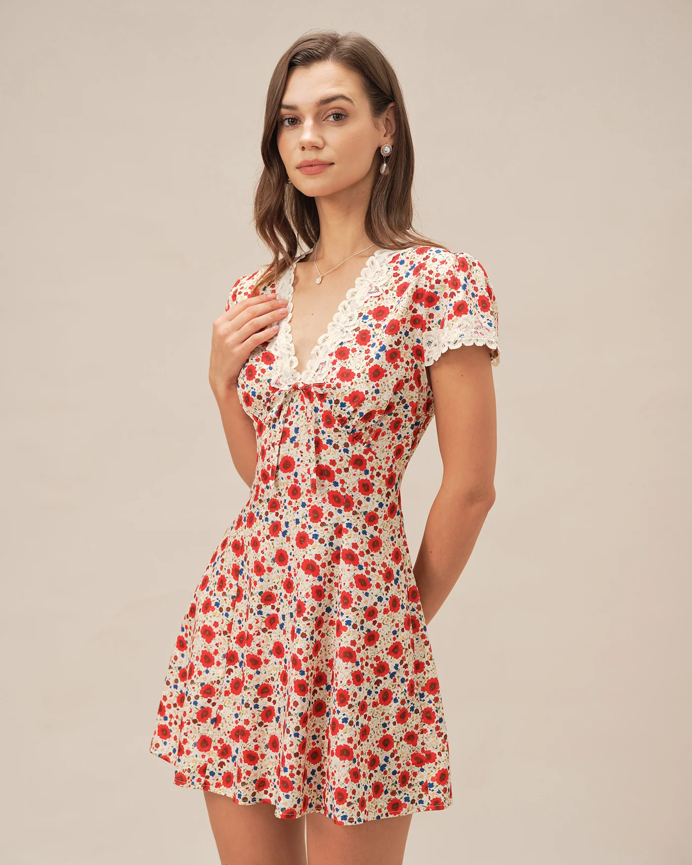 Red V Neck Floral Lace Mini Dress - Image 3