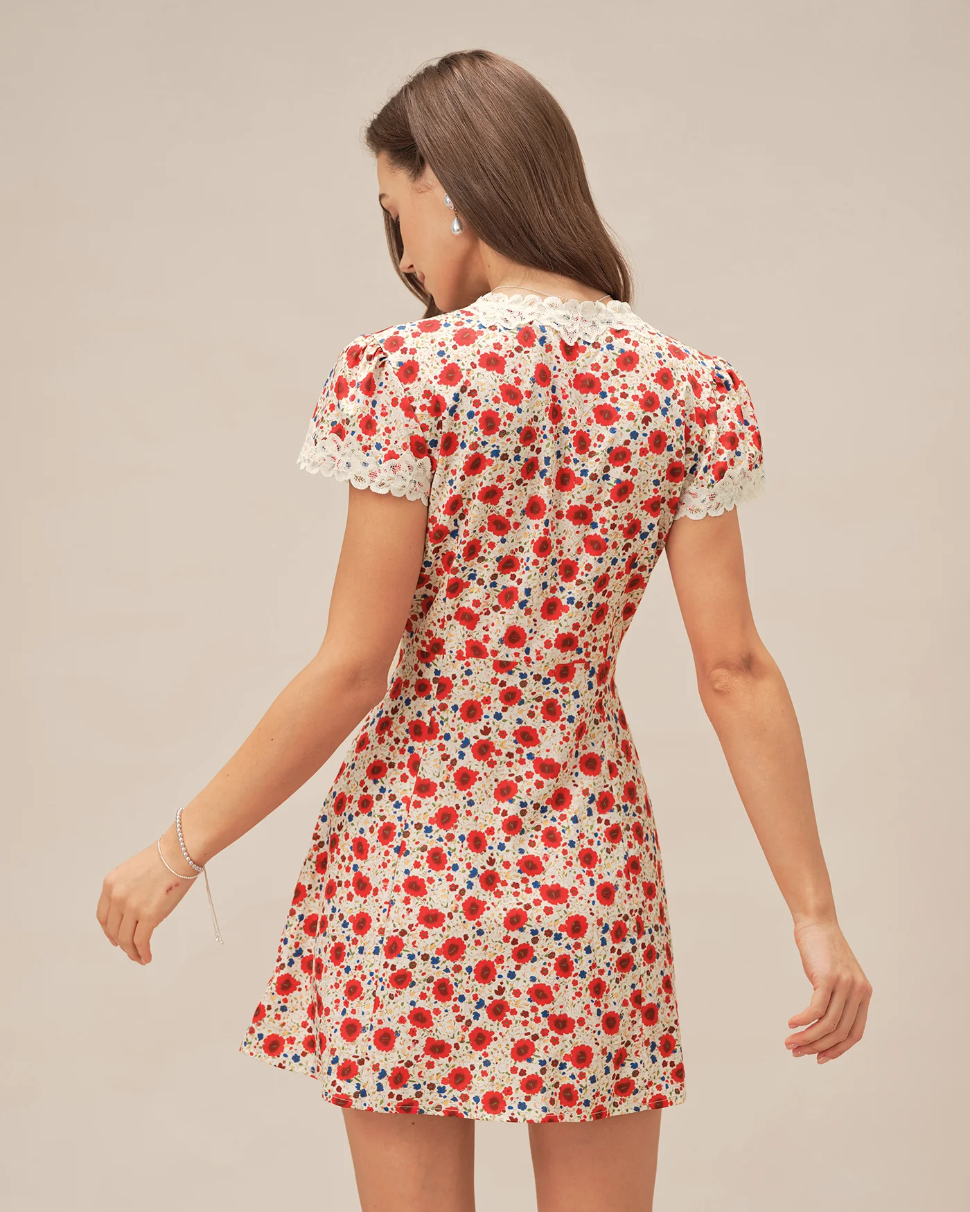 Red V Neck Floral Lace Mini Dress - Image 4