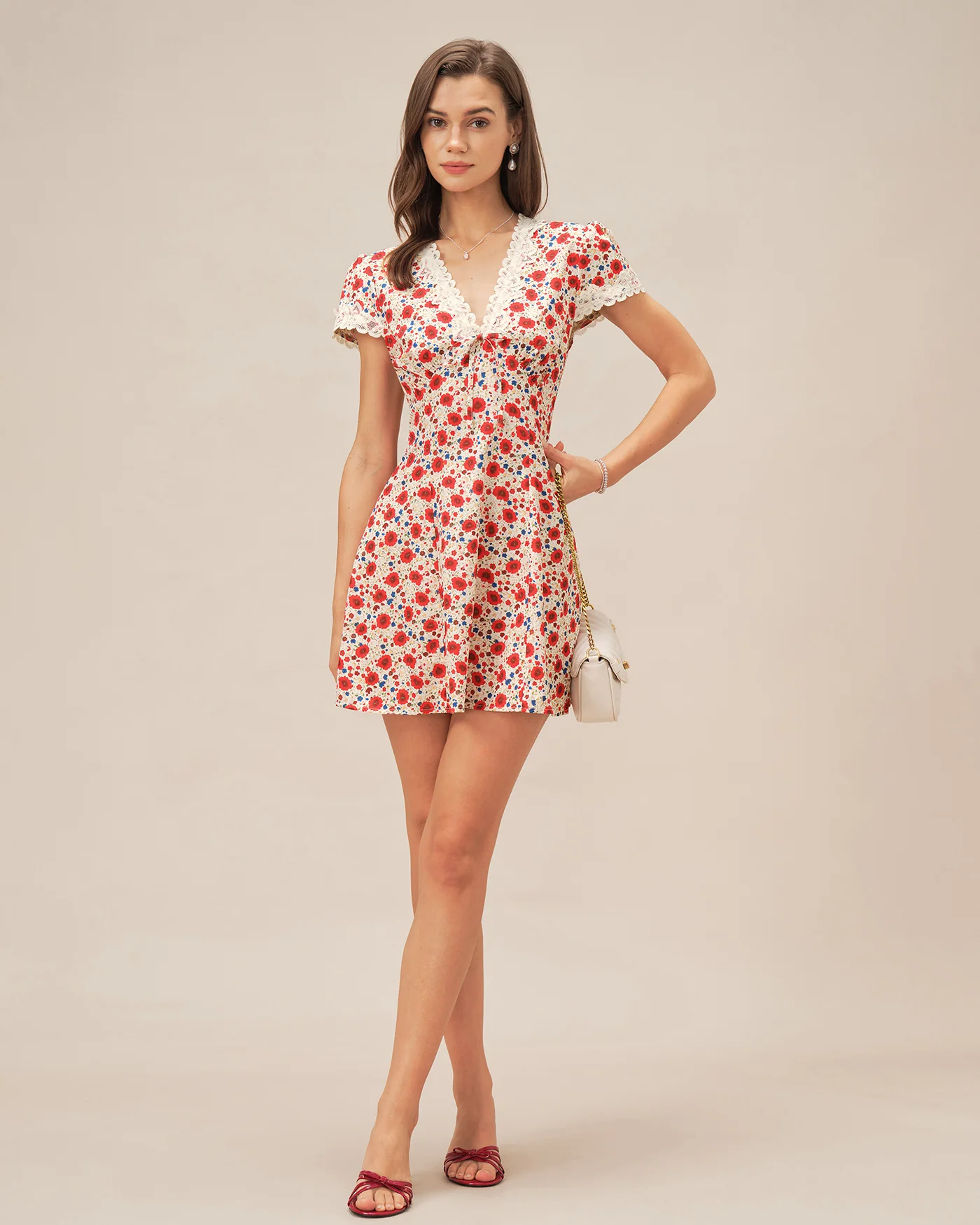 Red V Neck Floral Lace Mini Dress - Image 5