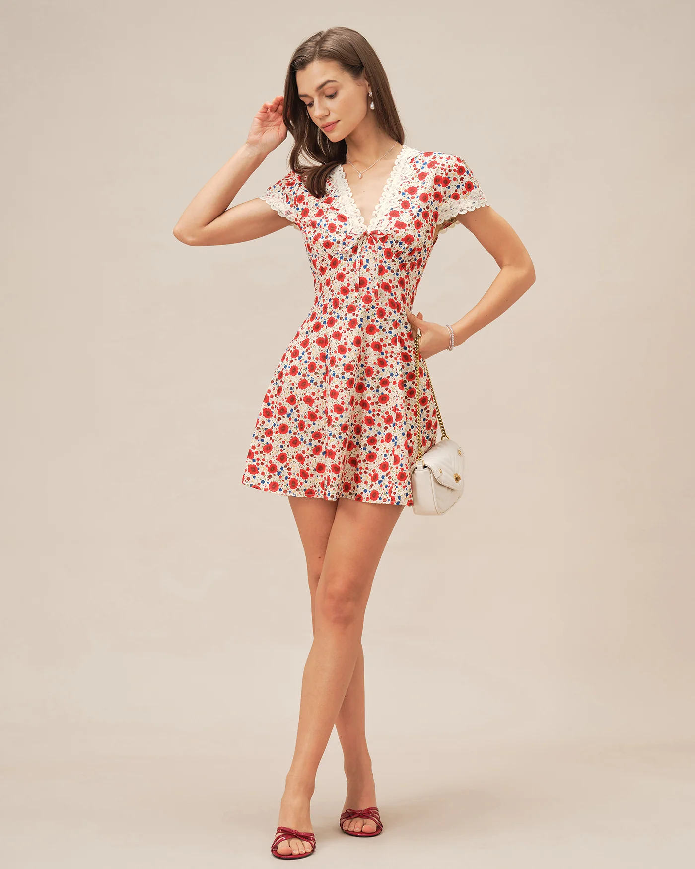 Red V Neck Floral Lace Mini Dress - Image 6