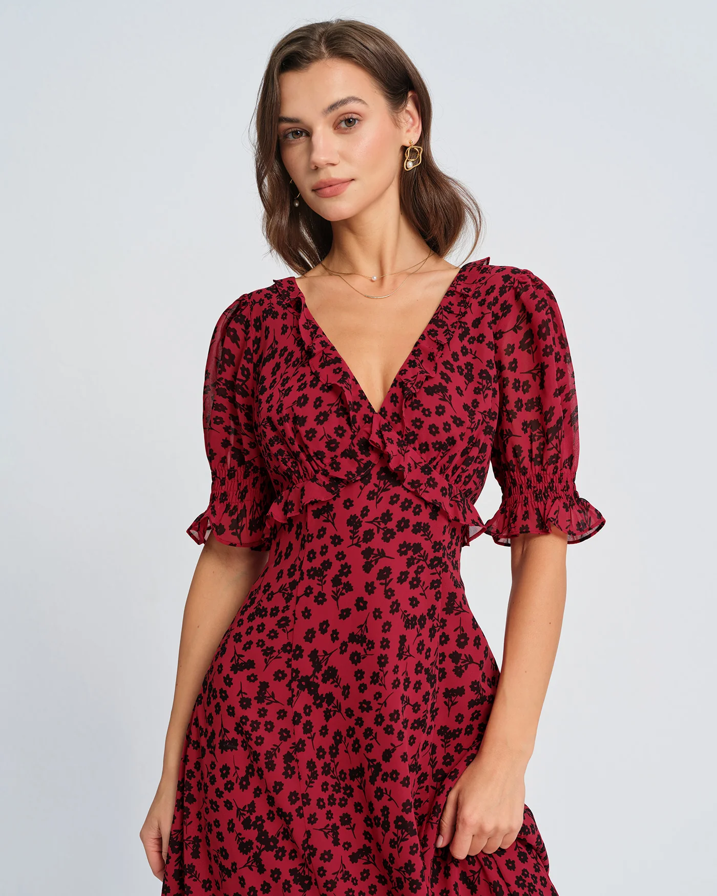 Red V Neck Floral Maxi Dress - Image 3