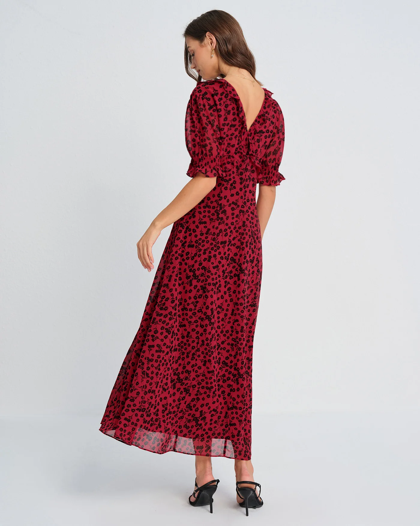 Red V Neck Floral Maxi Dress - Image 4