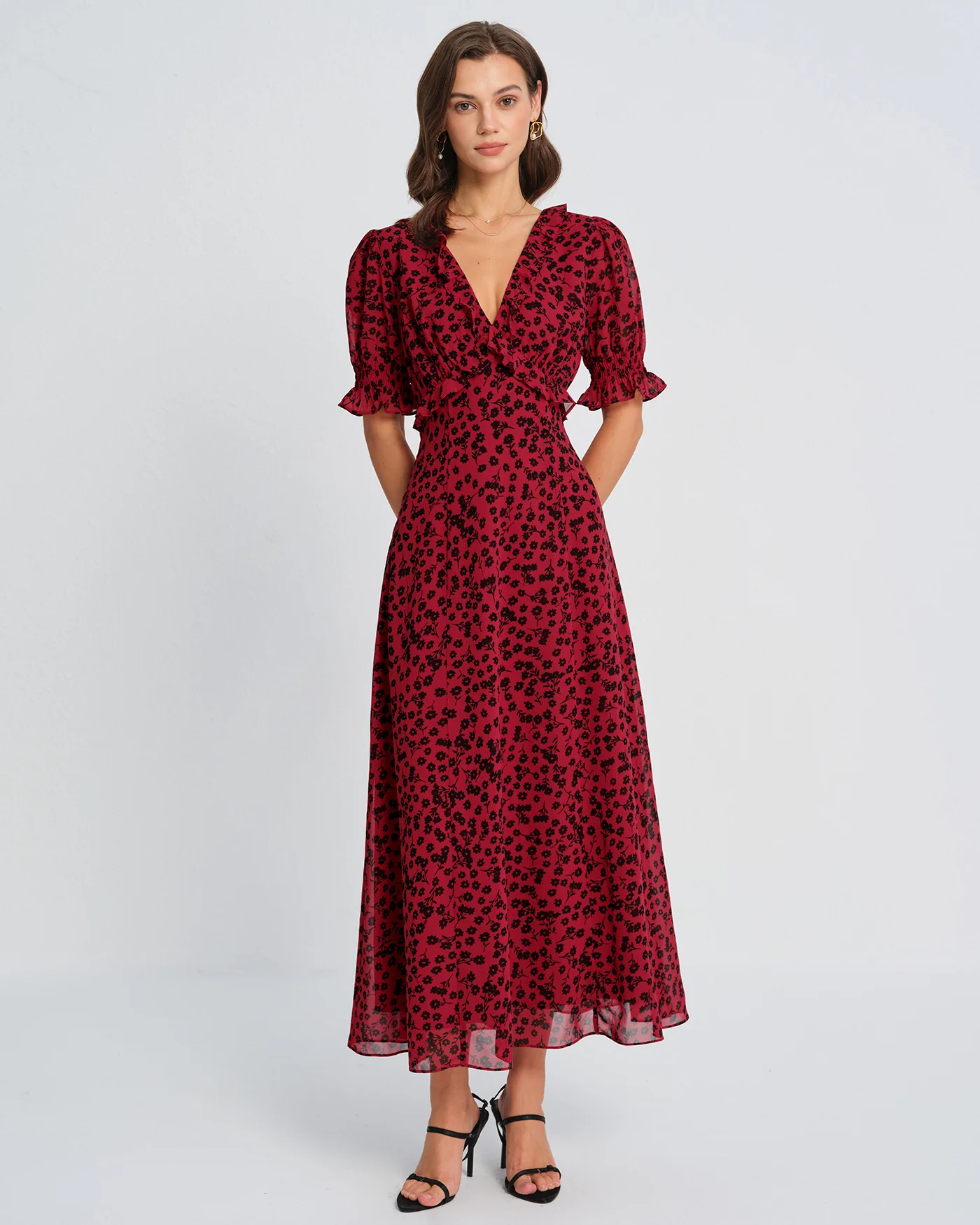 Red V Neck Floral Maxi Dress - Image 5