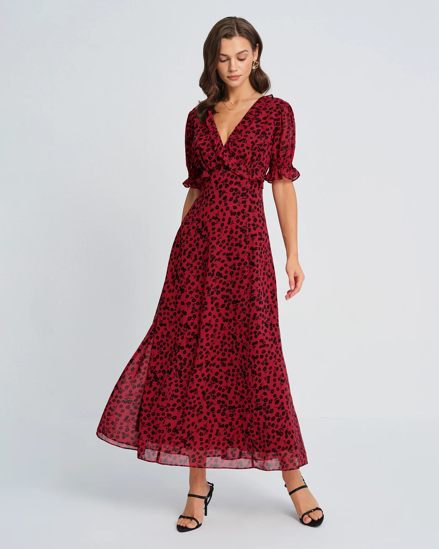 Red V Neck Floral Maxi Dress - Image 6