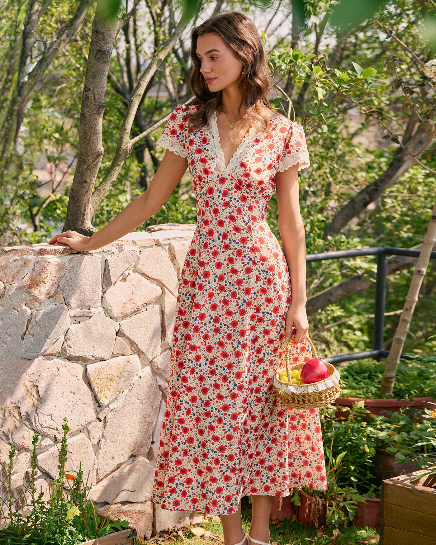 Red V Neck Lace Floral Maxi Dress - Image 3