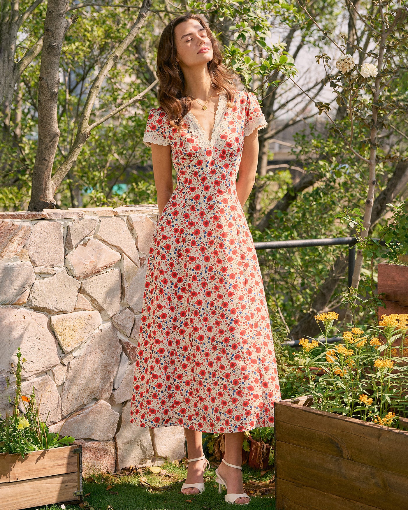 Red V Neck Lace Floral Maxi Dress - Image 5