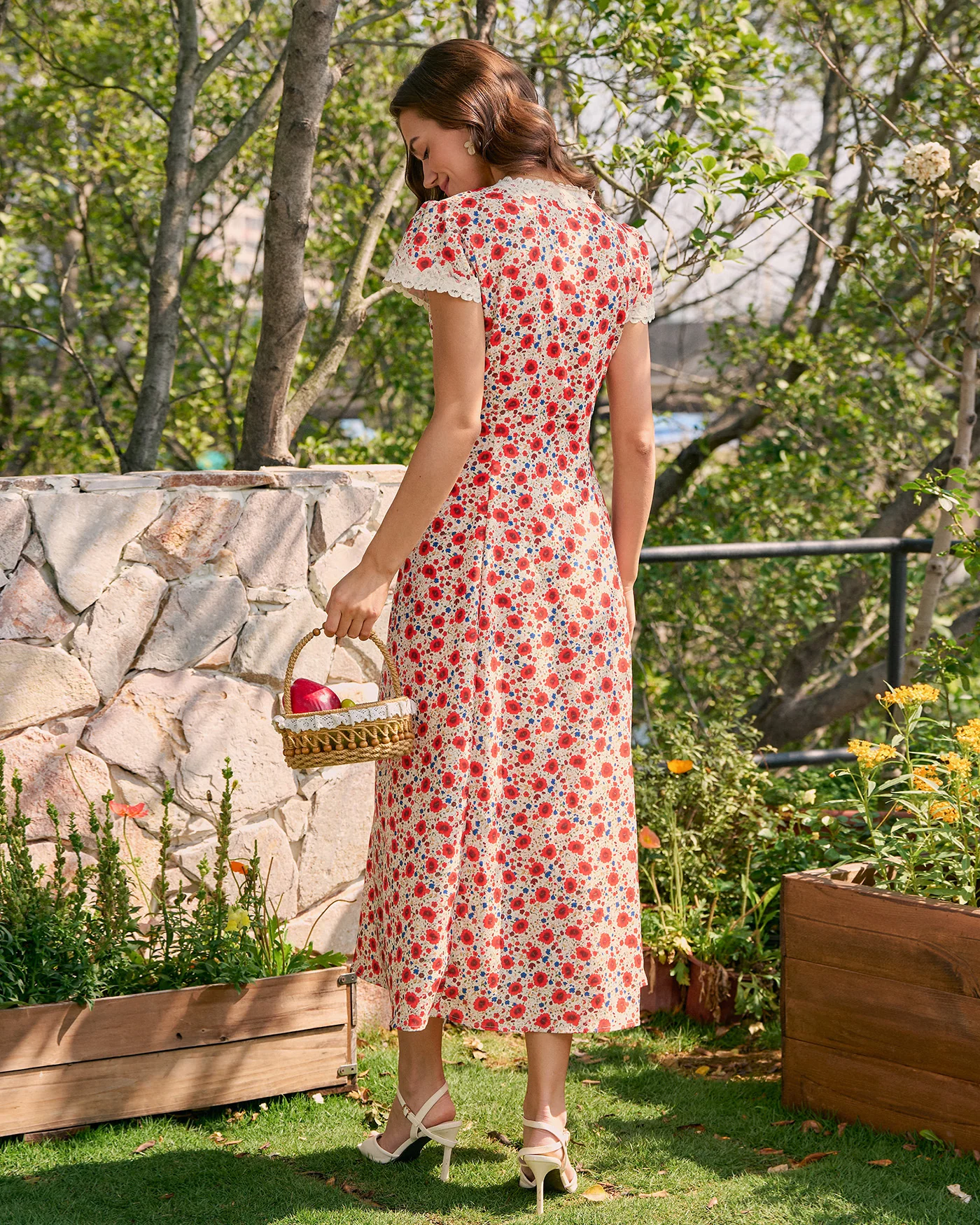 Red V Neck Lace Floral Maxi Dress - Image 6