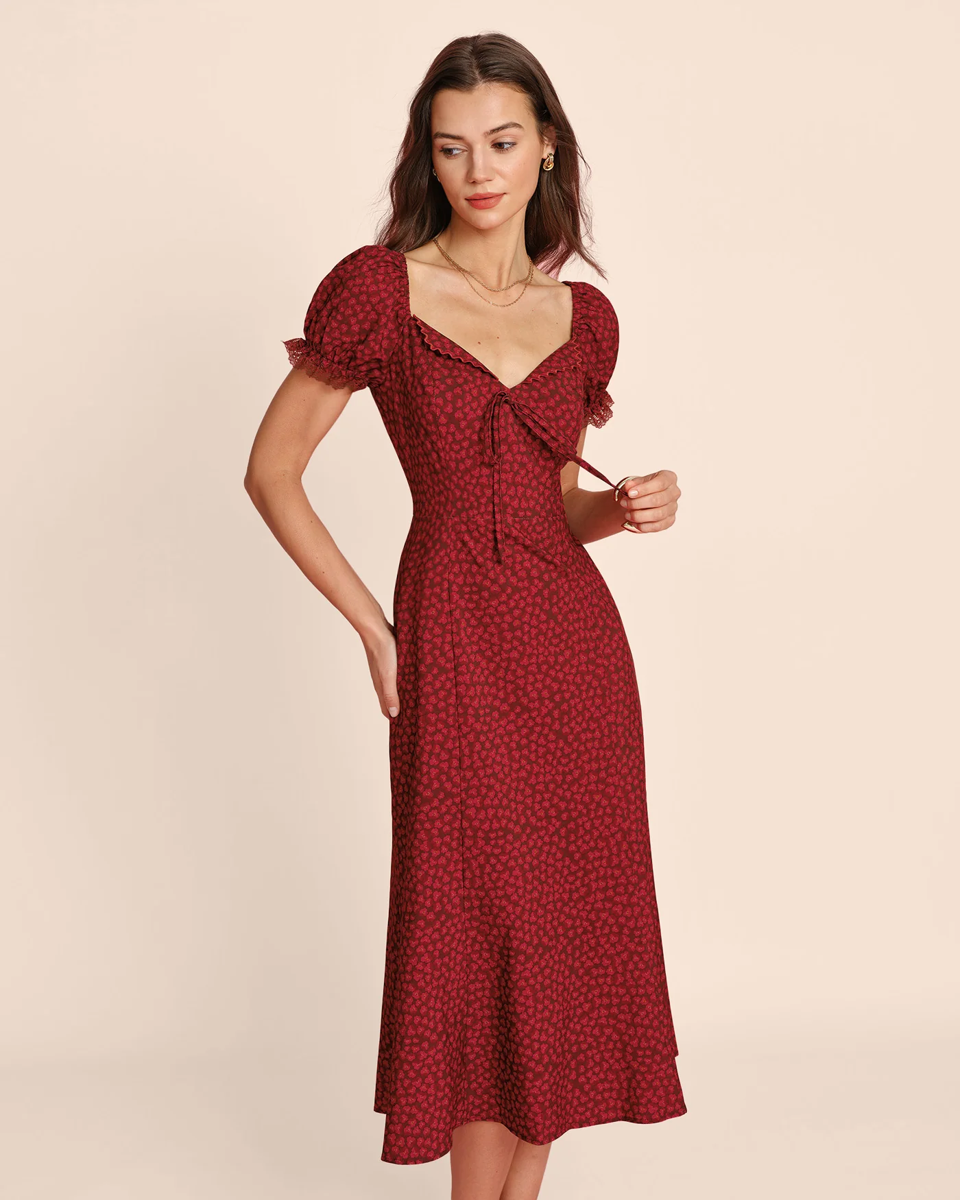 Red V Neck Lace Floral Midi Dress - Image 3