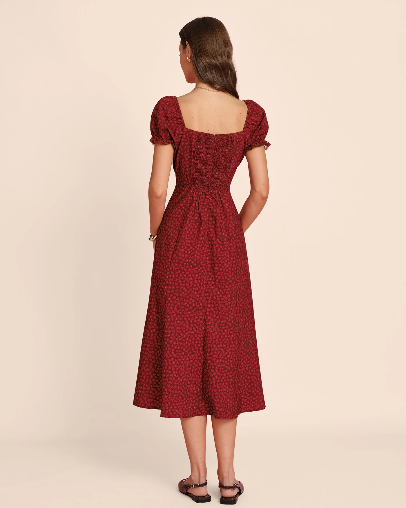 Red V Neck Lace Floral Midi Dress - Image 4