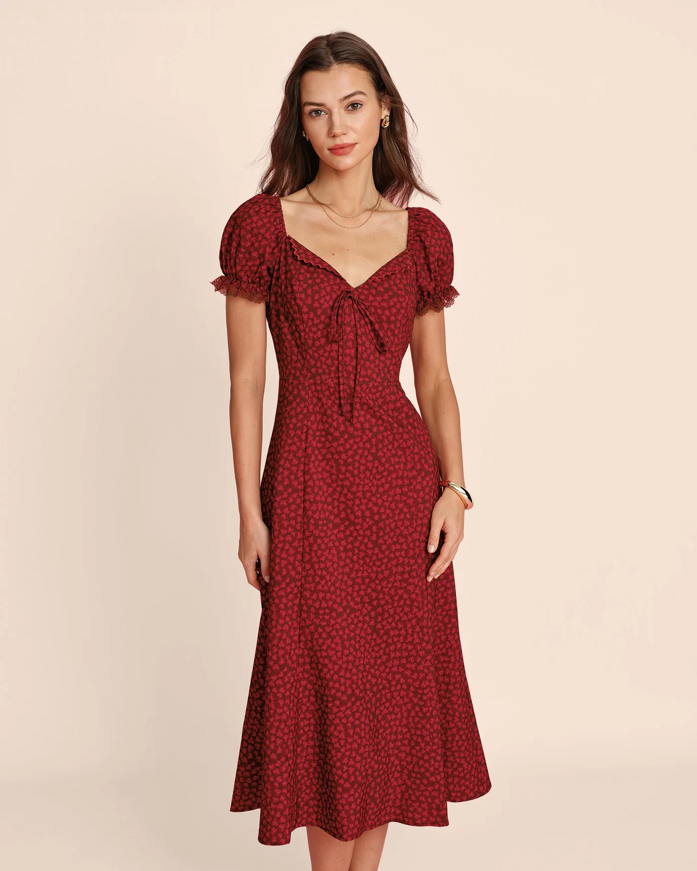 Red V Neck Lace Floral Midi Dress - Image 5